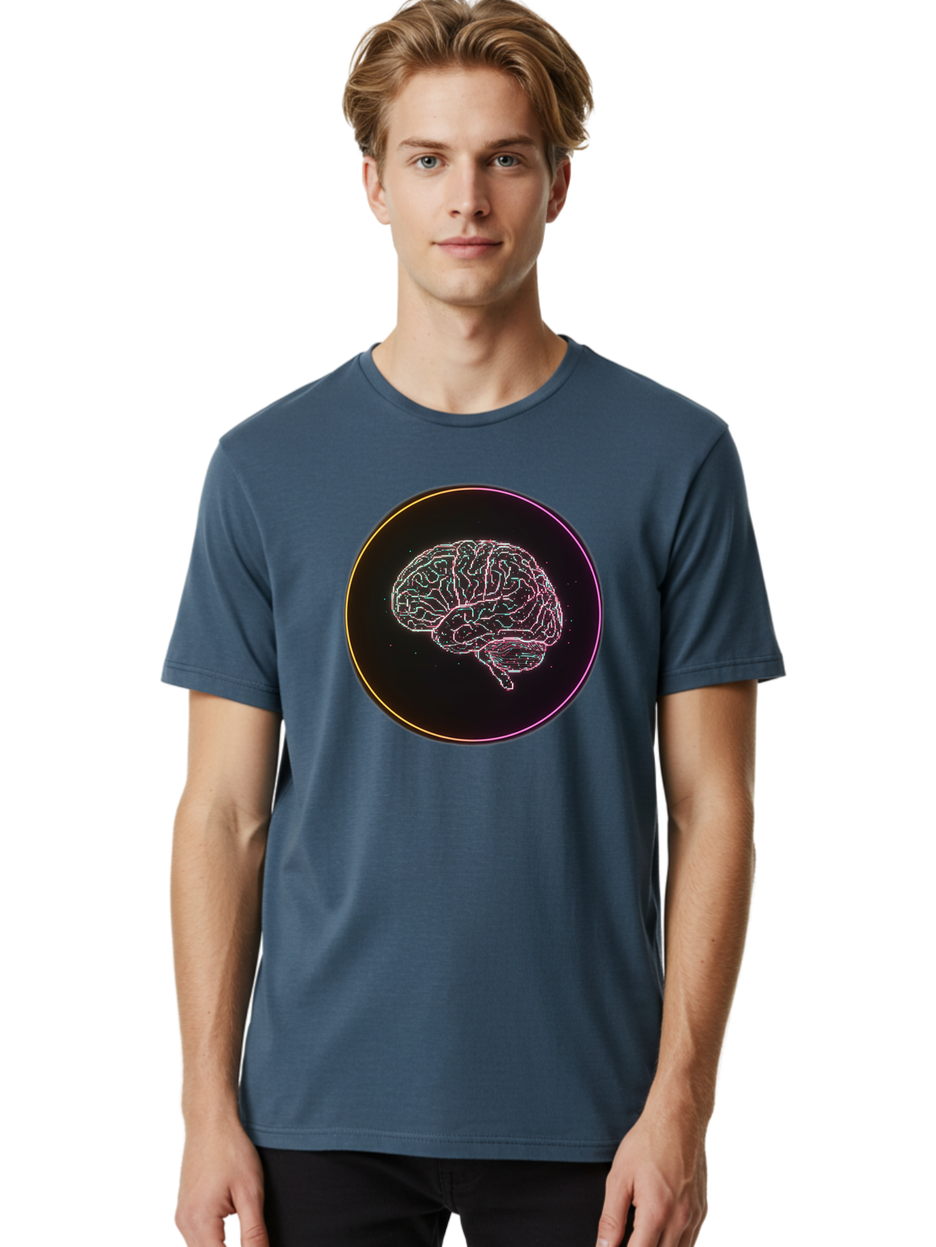Brain-Illustration Men'S Graphic Tee, 100% Cotton, Comfortable Casual Summer Wear, Machine Washable, Human Brain, Neon Illustration, Futuristic Design, Glowing Lines, Abstract Art, Brain Function, Psychological Concept, Digital Artwork, Baa211 2