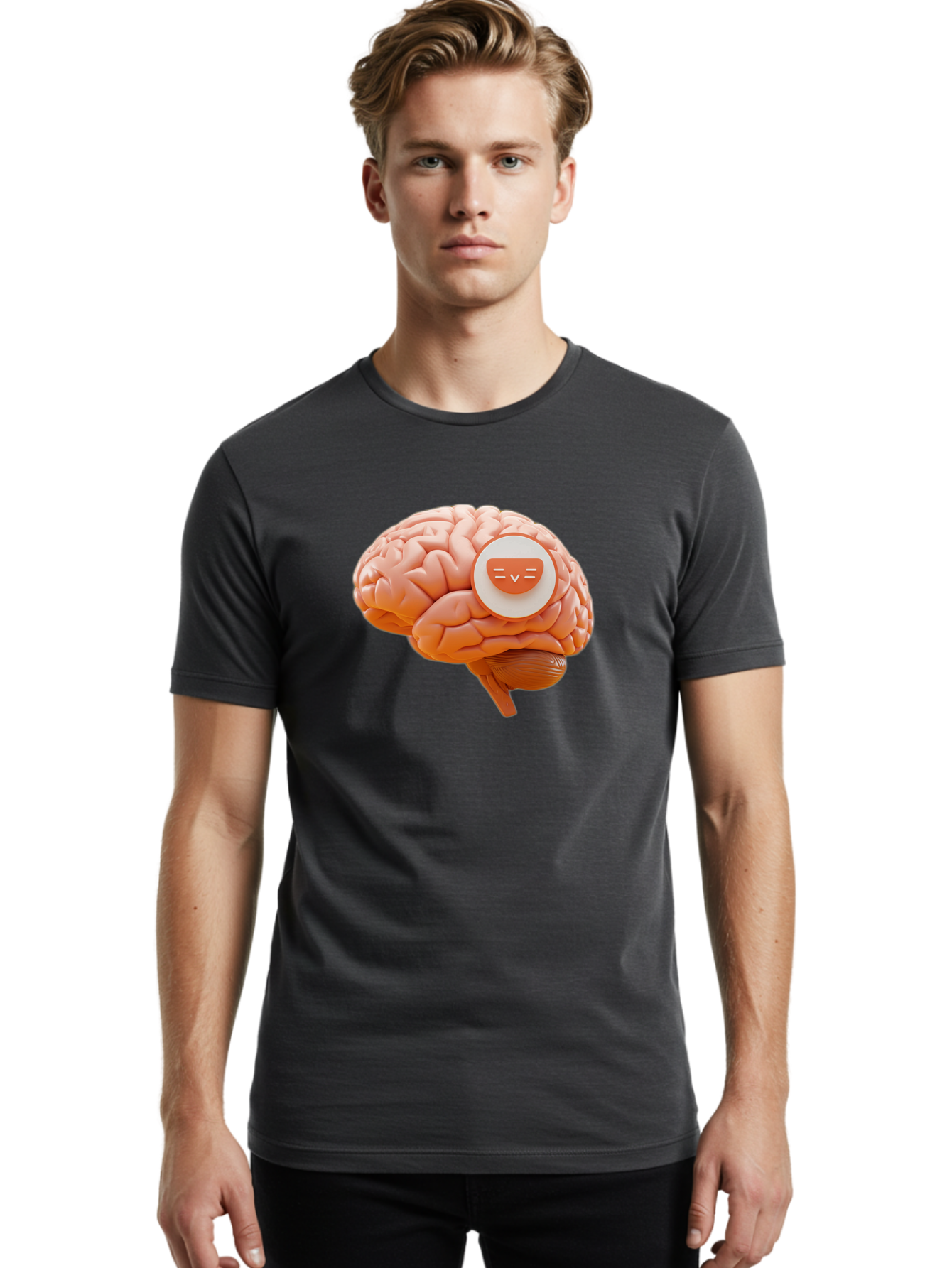 Brain-With-Emoji Men'S Graphic Tee, 100% Cotton, Comfortable Casual Summer Wear, Machine Washable, Human Brain, Smiley Face, Emoticon, Facial Expression, Happiness, 3D Rendering, Digital Art, Creative Design, Brain Illustration, Cute Character Baa214 4