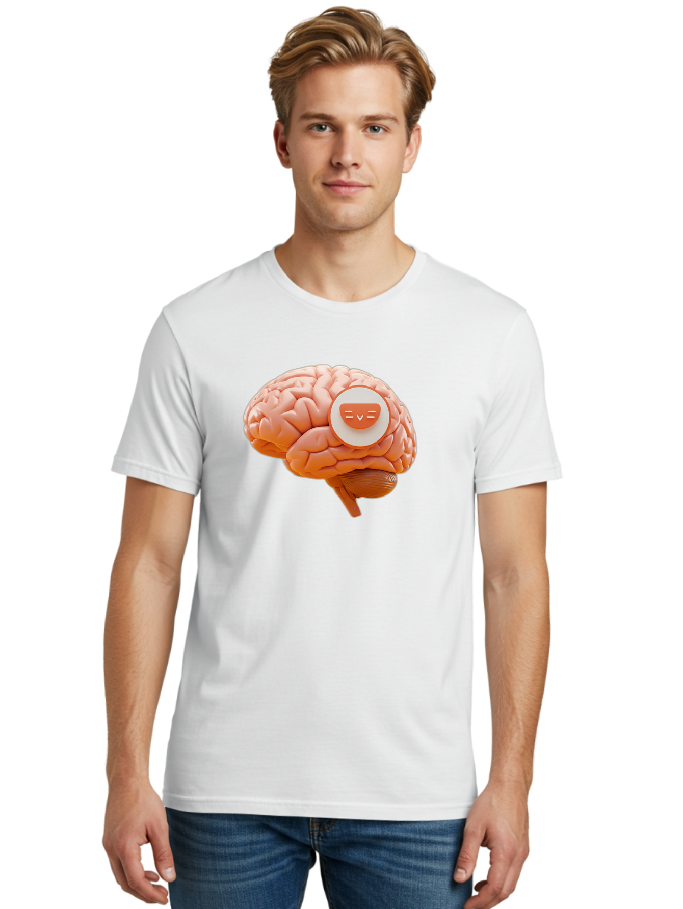 Brain-With-Emoji Men'S Graphic Tee, 100% Cotton, Comfortable Casual Summer Wear, Machine Washable, Human Brain, Smiley Face, Emoticon, Facial Expression, Happiness, 3D Rendering, Digital Art, Creative Design, Brain Illustration, Cute Character Baa214 2
