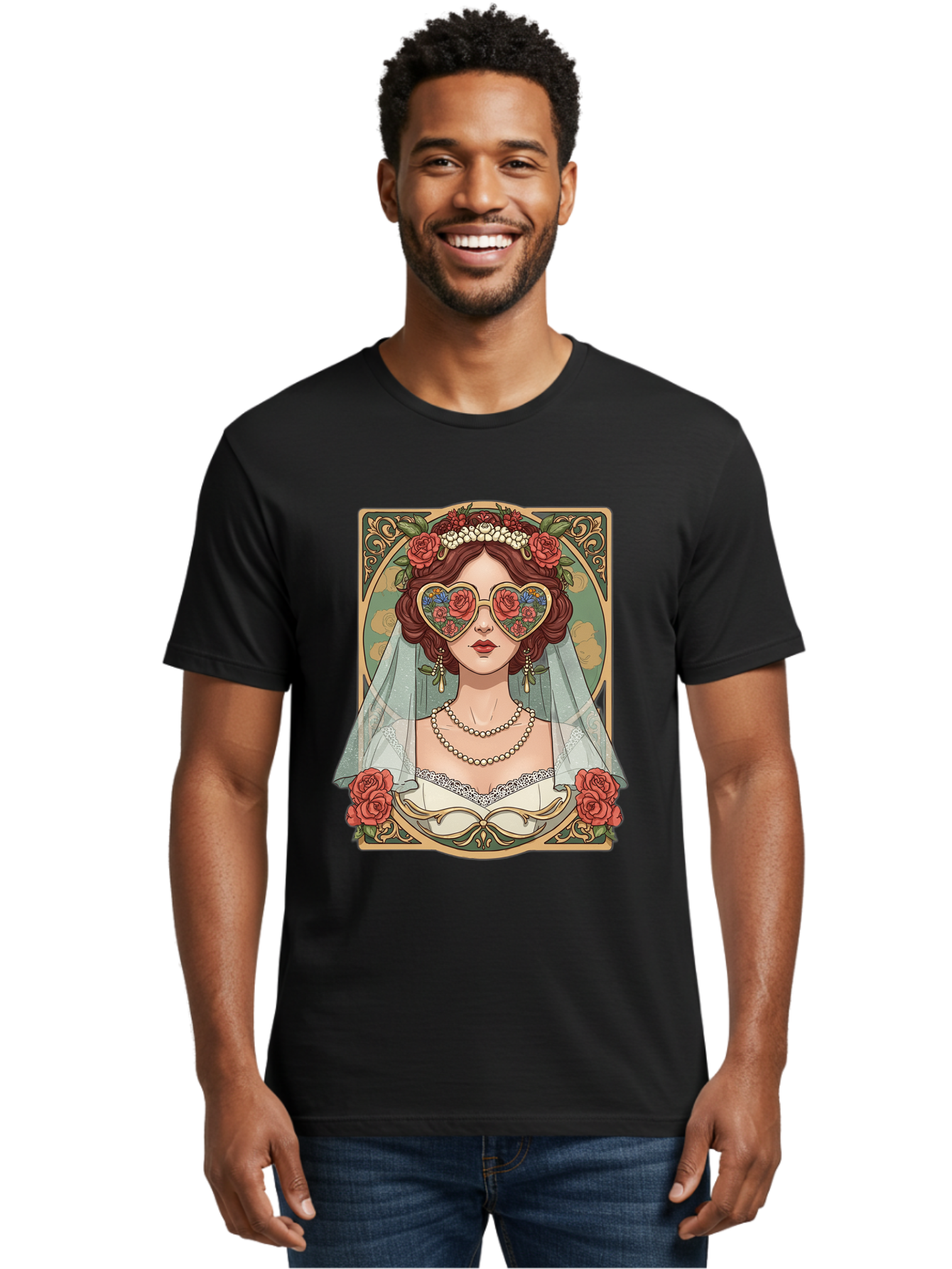Bride-With-Heart-Shaped-Sunglasses-3 Men'S Graphic Tee, 100% Cotton, Comfortable Casual Summer Wear, Machine Washable, Bride Wearing Heart-Shaped Sunglasses, Floral Pattern, Vintage Style, Ornate Frame, White Wedding Dress, Red Roses, Baa230 6
