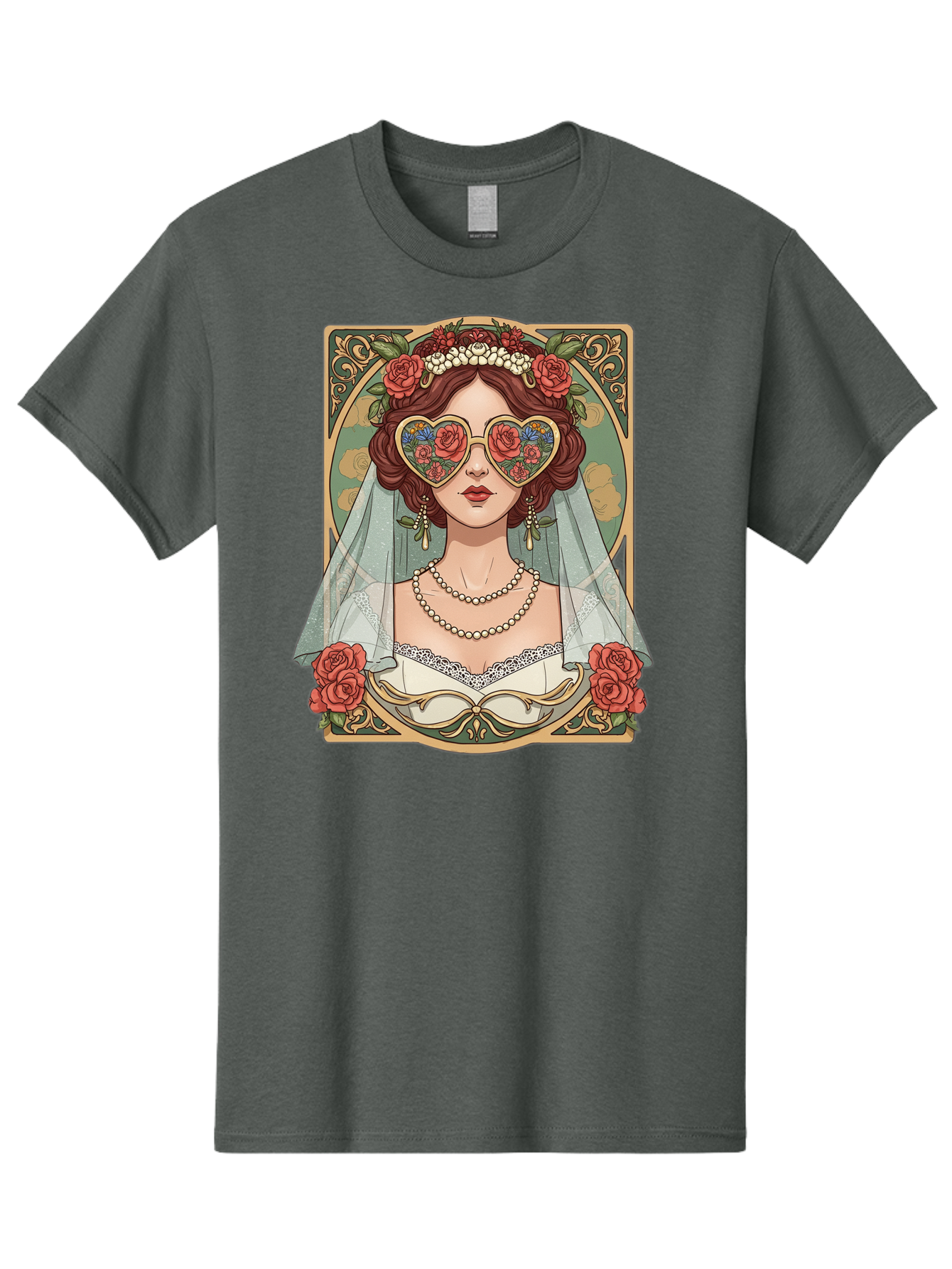 Bride-With-Heart-Shaped-Sunglasses-3 Men'S Graphic Tee, 100% Cotton, Comfortable Casual Summer Wear, Machine Washable, Bride Wearing Heart-Shaped Sunglasses, Floral Pattern, Vintage Style, Ornate Frame, White Wedding Dress, Red Roses, Baa230 29