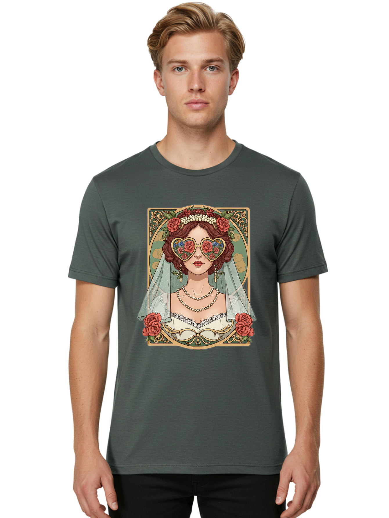 Bride-With-Heart-Shaped-Sunglasses-3 Men'S Graphic Tee, 100% Cotton, Comfortable Casual Summer Wear, Machine Washable, Bride Wearing Heart-Shaped Sunglasses, Floral Pattern, Vintage Style, Ornate Frame, White Wedding Dress, Red Roses, Baa230 30
