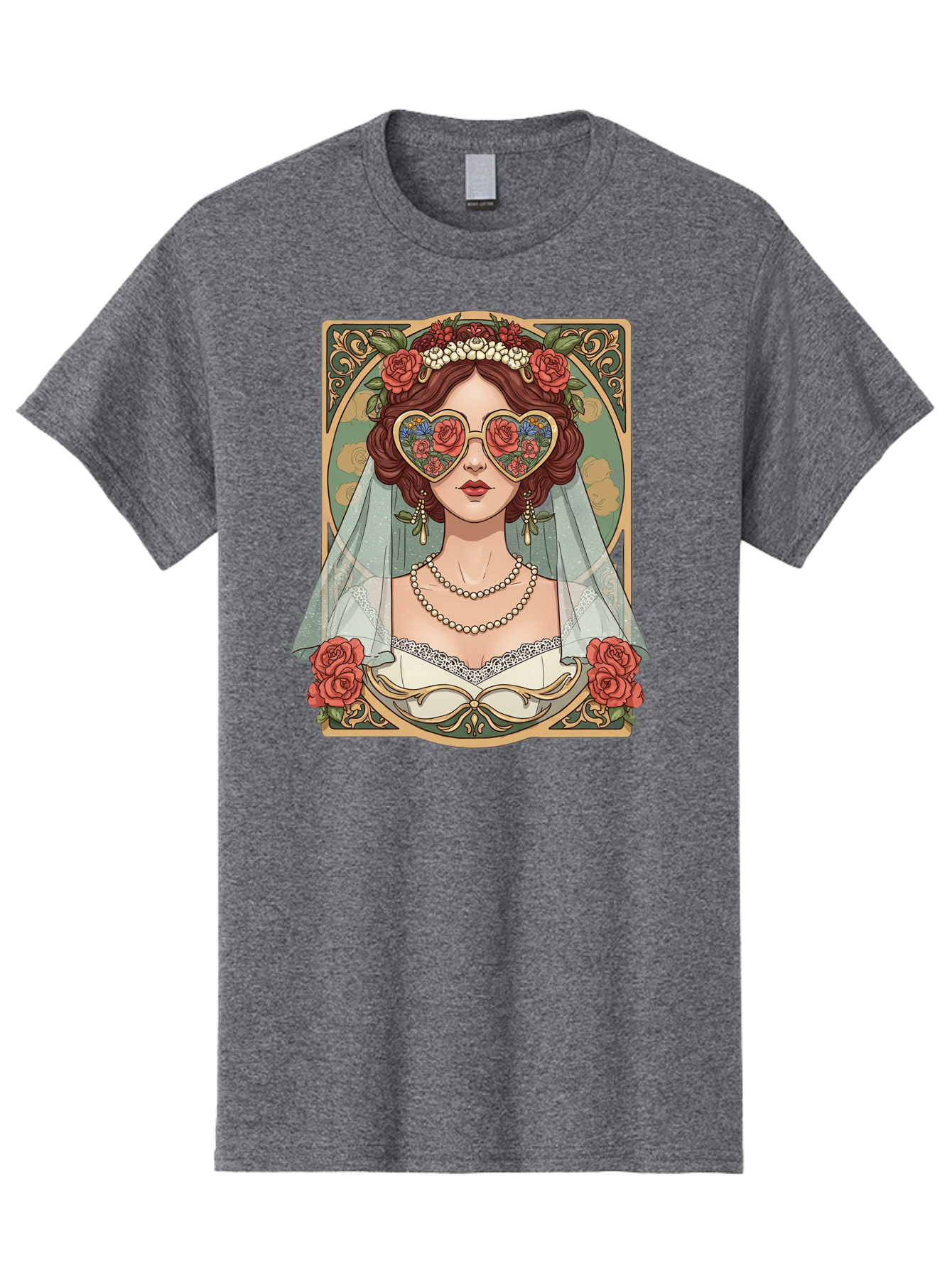 Bride-With-Heart-Shaped-Sunglasses-3 Men'S Graphic Tee, 100% Cotton, Comfortable Casual Summer Wear, Machine Washable, Bride Wearing Heart-Shaped Sunglasses, Floral Pattern, Vintage Style, Ornate Frame, White Wedding Dress, Red Roses, Baa230 19