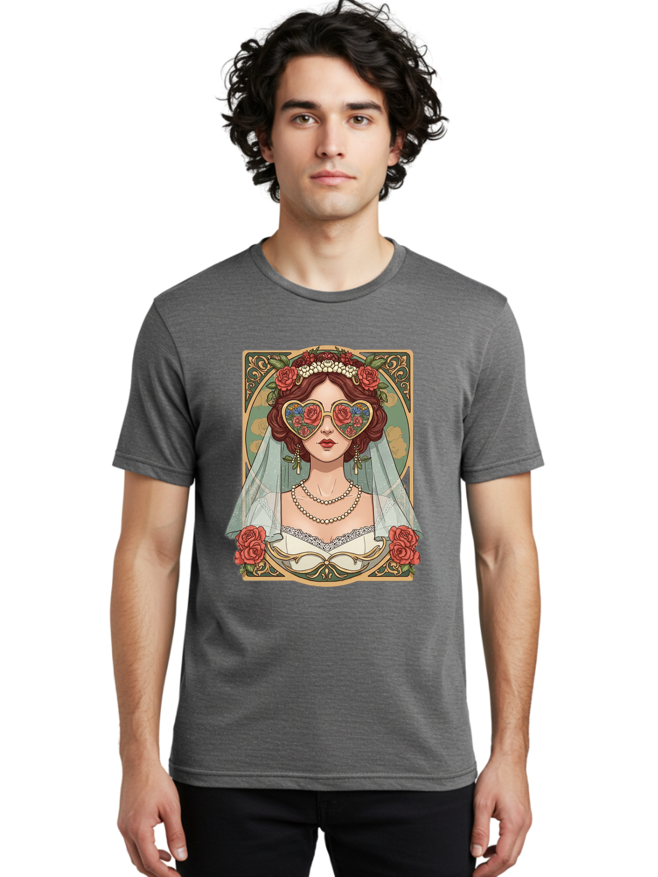 Bride-With-Heart-Shaped-Sunglasses-3 Men'S Graphic Tee, 100% Cotton, Comfortable Casual Summer Wear, Machine Washable, Bride Wearing Heart-Shaped Sunglasses, Floral Pattern, Vintage Style, Ornate Frame, White Wedding Dress, Red Roses, Baa230 20