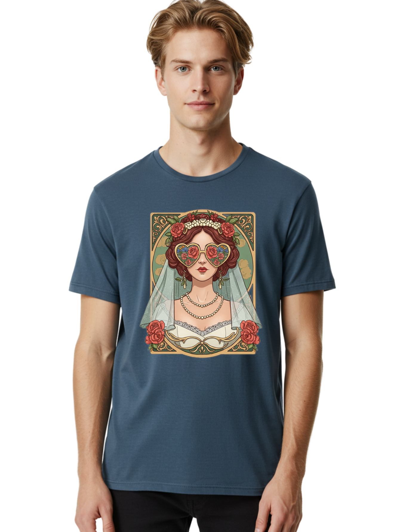 Bride-With-Heart-Shaped-Sunglasses-3 Men'S Graphic Tee, 100% Cotton, Comfortable Casual Summer Wear, Machine Washable, Bride Wearing Heart-Shaped Sunglasses, Floral Pattern, Vintage Style, Ornate Frame, White Wedding Dress, Red Roses, Baa230 16