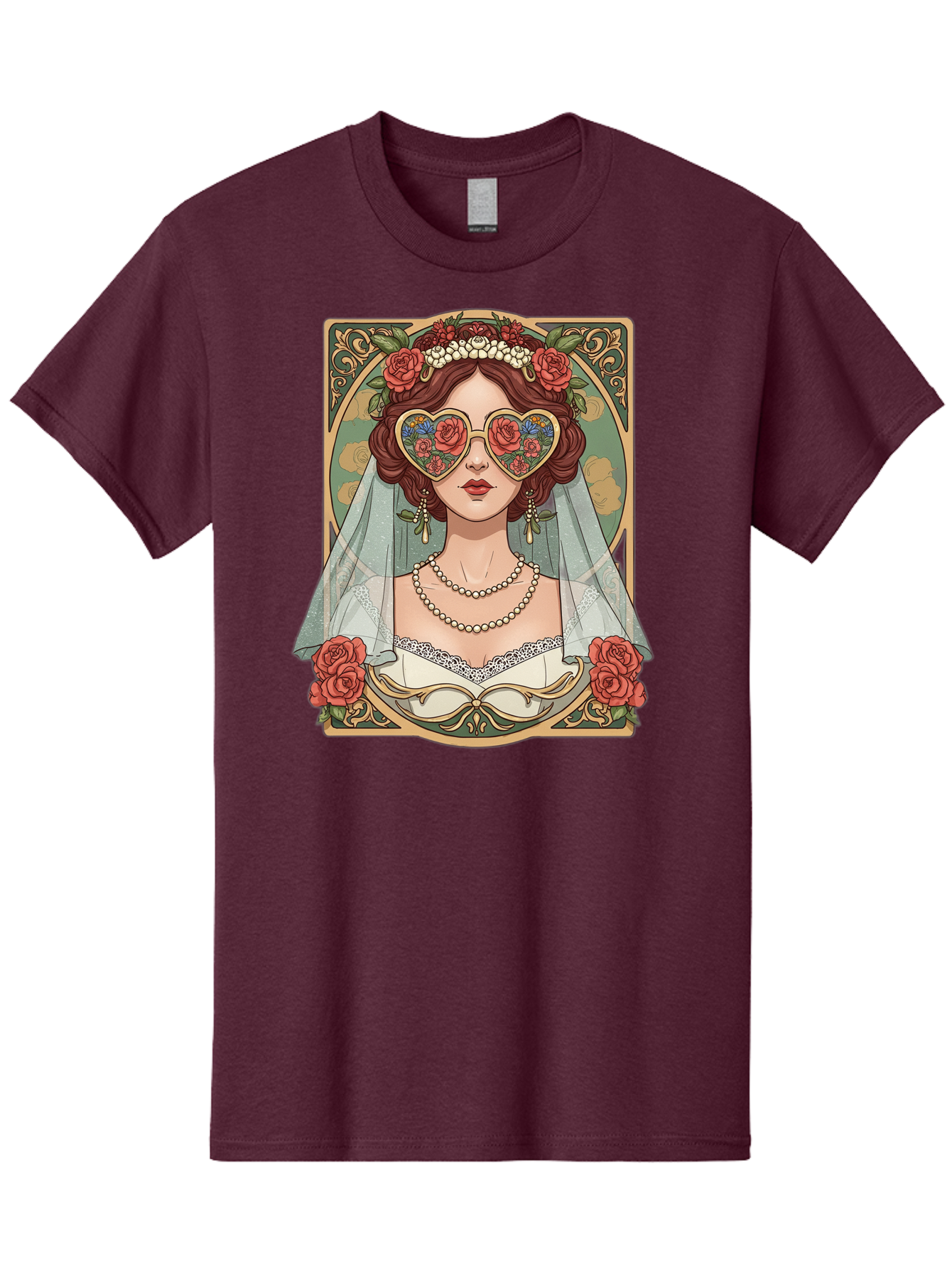 Bride-With-Heart-Shaped-Sunglasses-3 Men'S Graphic Tee, 100% Cotton, Comfortable Casual Summer Wear, Machine Washable, Bride Wearing Heart-Shaped Sunglasses, Floral Pattern, Vintage Style, Ornate Frame, White Wedding Dress, Red Roses, Baa230 11
