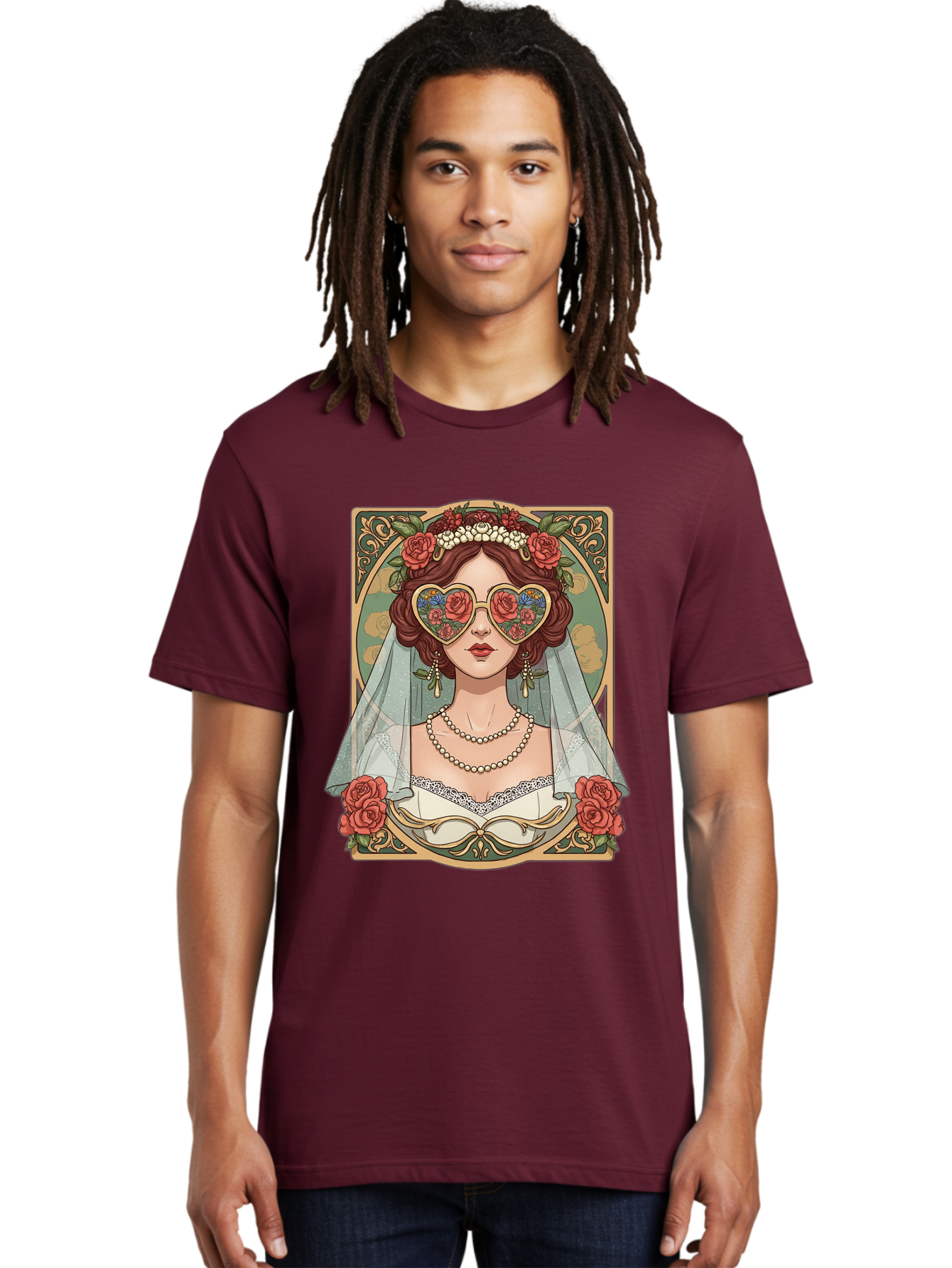 Bride-With-Heart-Shaped-Sunglasses-3 Men'S Graphic Tee, 100% Cotton, Comfortable Casual Summer Wear, Machine Washable, Bride Wearing Heart-Shaped Sunglasses, Floral Pattern, Vintage Style, Ornate Frame, White Wedding Dress, Red Roses, Baa230 12