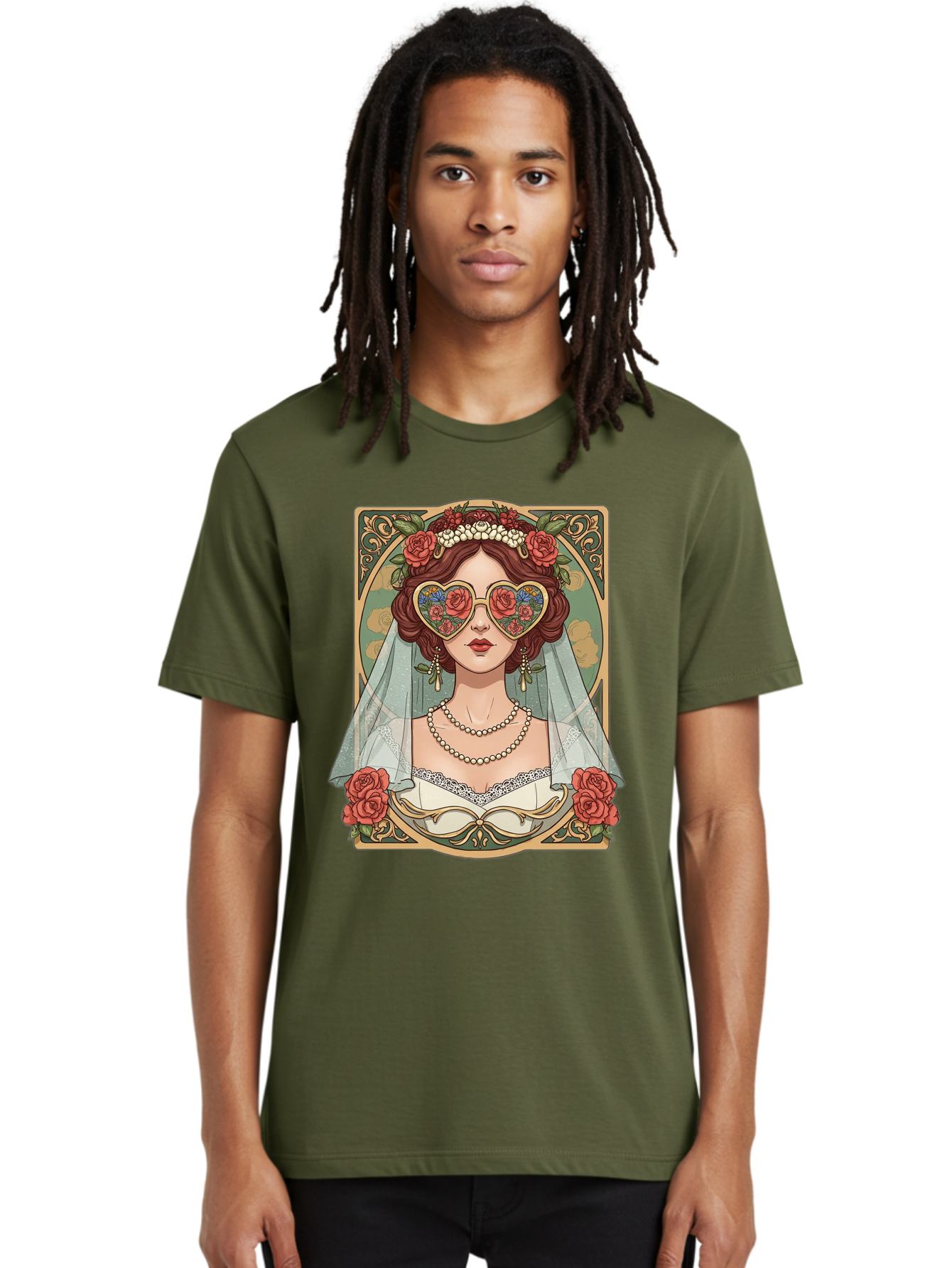 Bride-With-Heart-Shaped-Sunglasses-3 Men'S Graphic Tee, 100% Cotton, Comfortable Casual Summer Wear, Machine Washable, Bride Wearing Heart-Shaped Sunglasses, Floral Pattern, Vintage Style, Ornate Frame, White Wedding Dress, Red Roses, Baa230 26