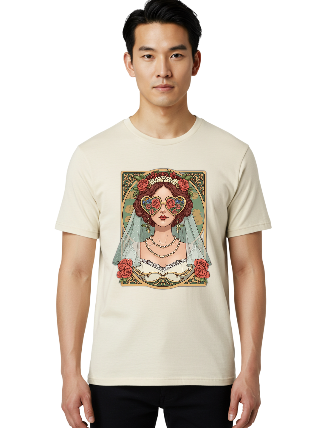Bride-With-Heart-Shaped-Sunglasses-3 Men'S Graphic Tee, 100% Cotton, Comfortable Casual Summer Wear, Machine Washable, Bride Wearing Heart-Shaped Sunglasses, Floral Pattern, Vintage Style, Ornate Frame, White Wedding Dress, Red Roses, Baa230 18