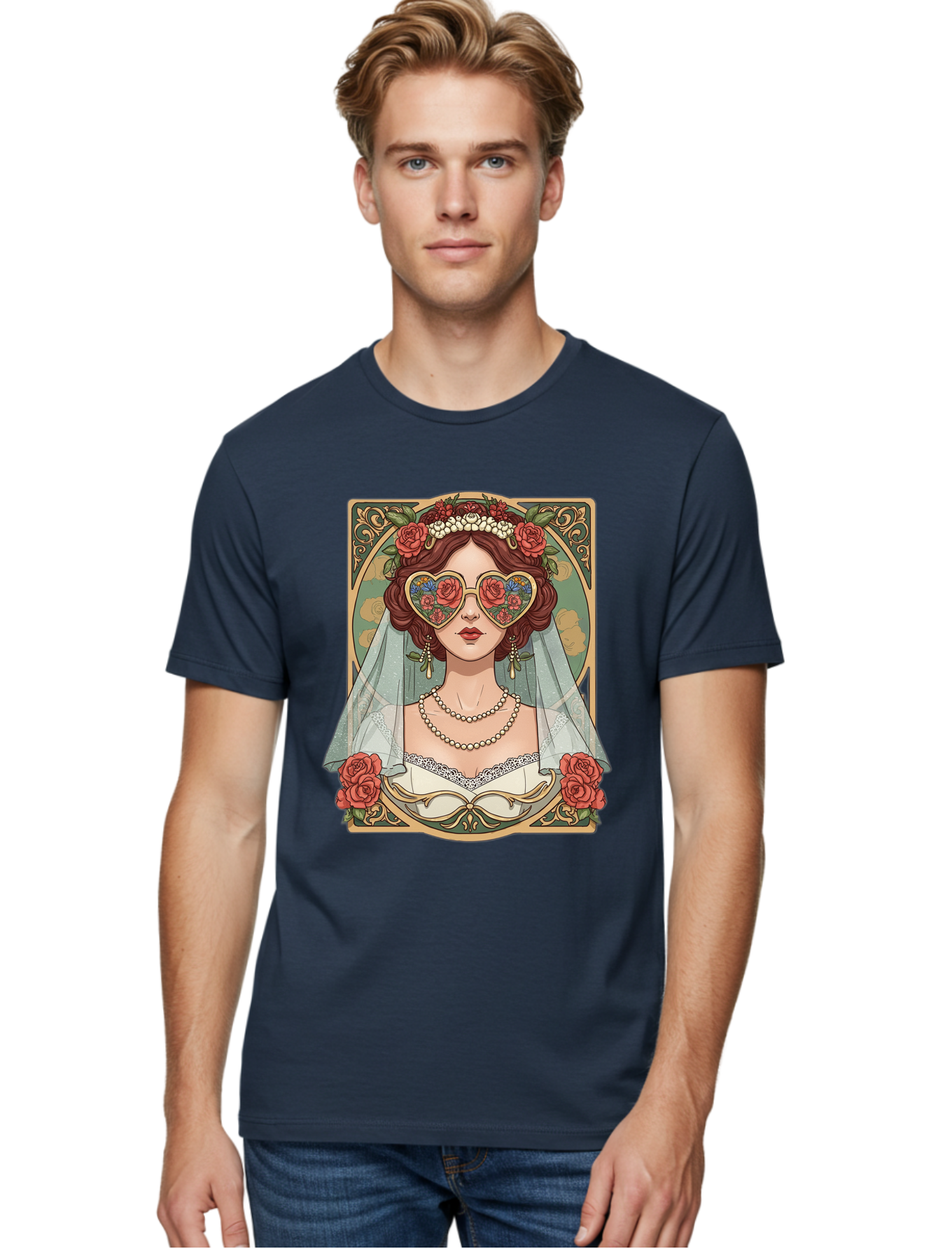 Bride-With-Heart-Shaped-Sunglasses-3 Men'S Graphic Tee, 100% Cotton, Comfortable Casual Summer Wear, Machine Washable, Bride Wearing Heart-Shaped Sunglasses, Floral Pattern, Vintage Style, Ornate Frame, White Wedding Dress, Red Roses, Baa230 8