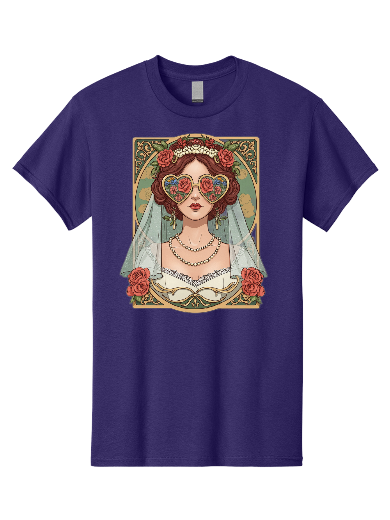 Bride-With-Heart-Shaped-Sunglasses-3 Men'S Graphic Tee, 100% Cotton, Comfortable Casual Summer Wear, Machine Washable, Bride Wearing Heart-Shaped Sunglasses, Floral Pattern, Vintage Style, Ornate Frame, White Wedding Dress, Red Roses, Baa230 9