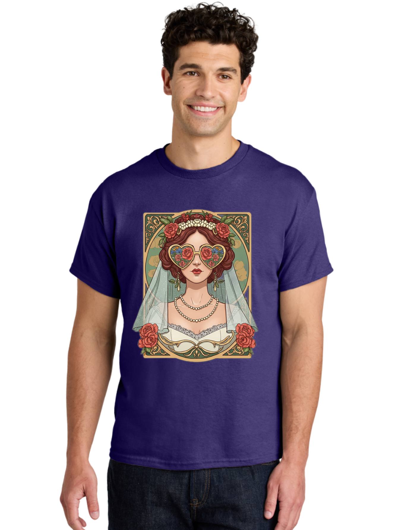 Bride-With-Heart-Shaped-Sunglasses-3 Men'S Graphic Tee, 100% Cotton, Comfortable Casual Summer Wear, Machine Washable, Bride Wearing Heart-Shaped Sunglasses, Floral Pattern, Vintage Style, Ornate Frame, White Wedding Dress, Red Roses, Baa230 10