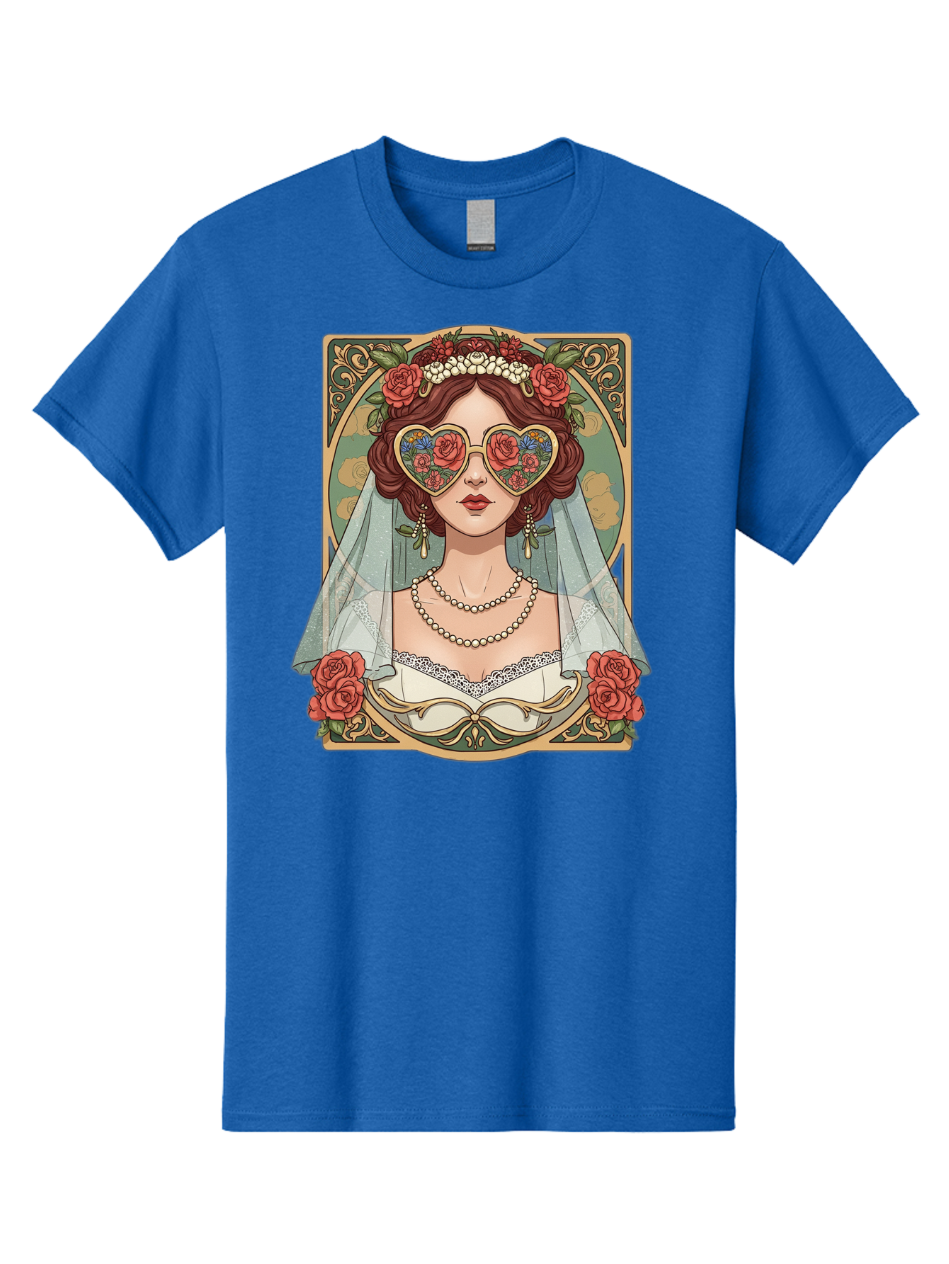 Bride-With-Heart-Shaped-Sunglasses-3 Men'S Graphic Tee, 100% Cotton, Comfortable Casual Summer Wear, Machine Washable, Bride Wearing Heart-Shaped Sunglasses, Floral Pattern, Vintage Style, Ornate Frame, White Wedding Dress, Red Roses, Baa230 13