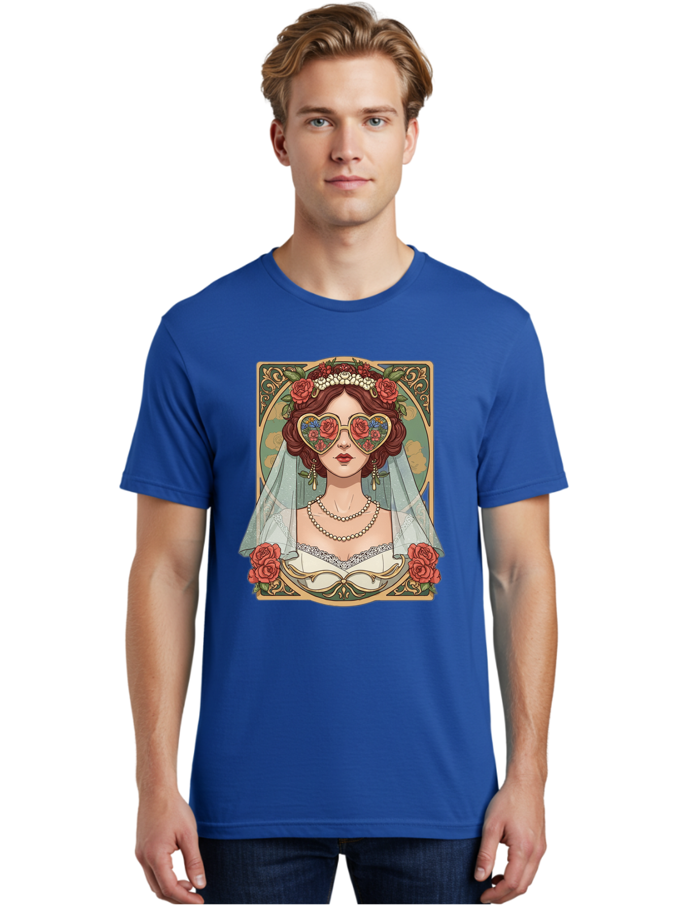 Bride-With-Heart-Shaped-Sunglasses-3 Men'S Graphic Tee, 100% Cotton, Comfortable Casual Summer Wear, Machine Washable, Bride Wearing Heart-Shaped Sunglasses, Floral Pattern, Vintage Style, Ornate Frame, White Wedding Dress, Red Roses, Baa230 14