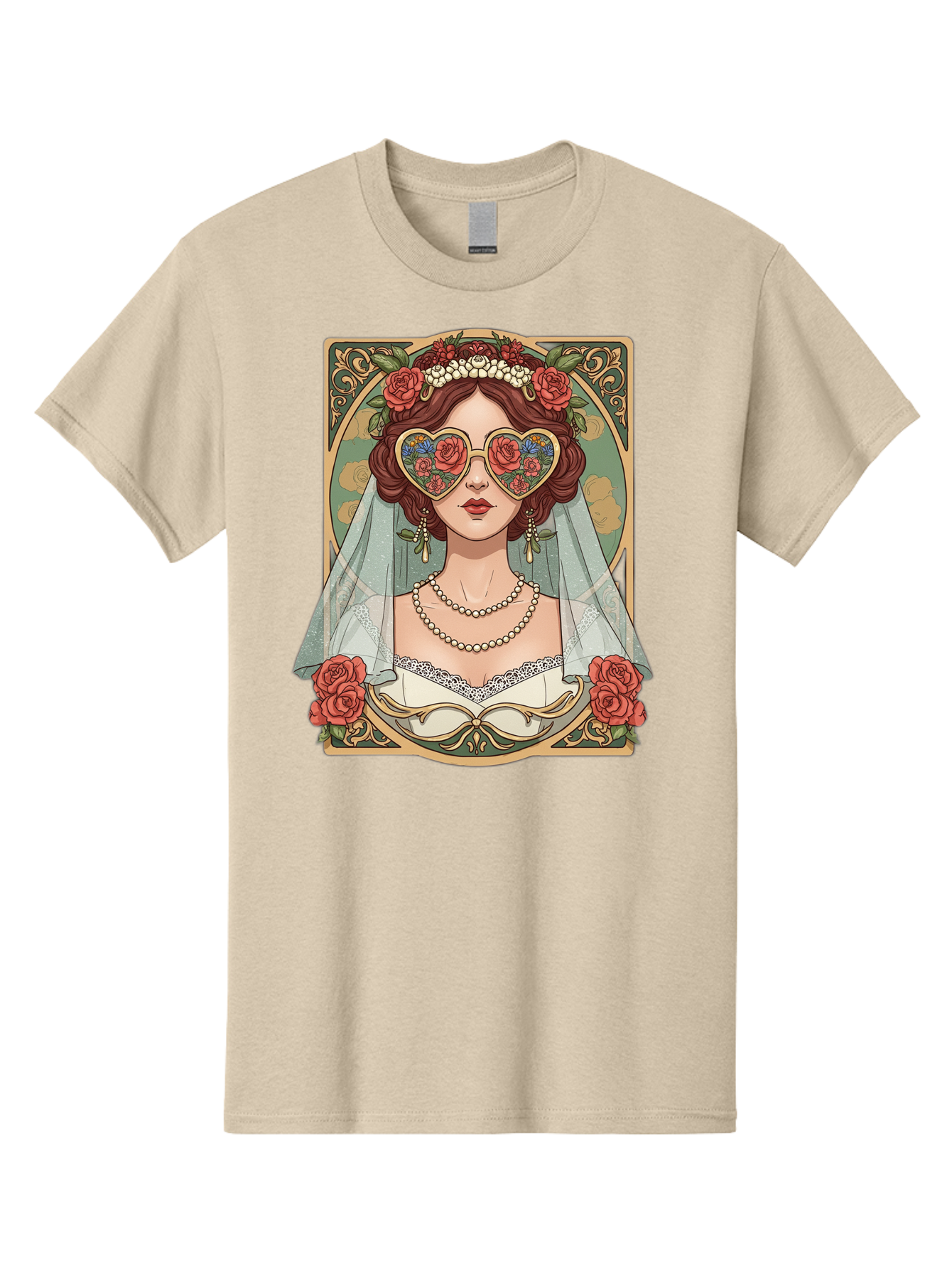 Bride-With-Heart-Shaped-Sunglasses-3 Men'S Graphic Tee, 100% Cotton, Comfortable Casual Summer Wear, Machine Washable, Bride Wearing Heart-Shaped Sunglasses, Floral Pattern, Vintage Style, Ornate Frame, White Wedding Dress, Red Roses, Baa230 23