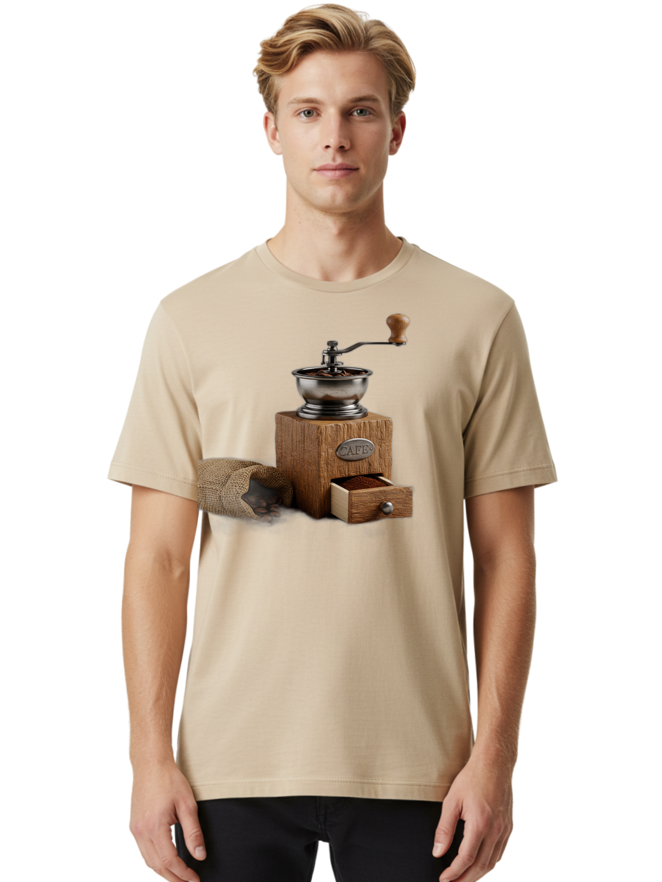 Cafe-Coffee-Grinder Men'S Graphic Tee, 100% Cotton, Comfortable Casual Summer Wear, Machine Washable, Coffee Grinder, Manual Grinder, Wooden Grinder, Cafe Label, Coffee Beans, Burlap Sack, Ground Coffee, Vintage Coffee, Coffee Roasting, Baa246 14