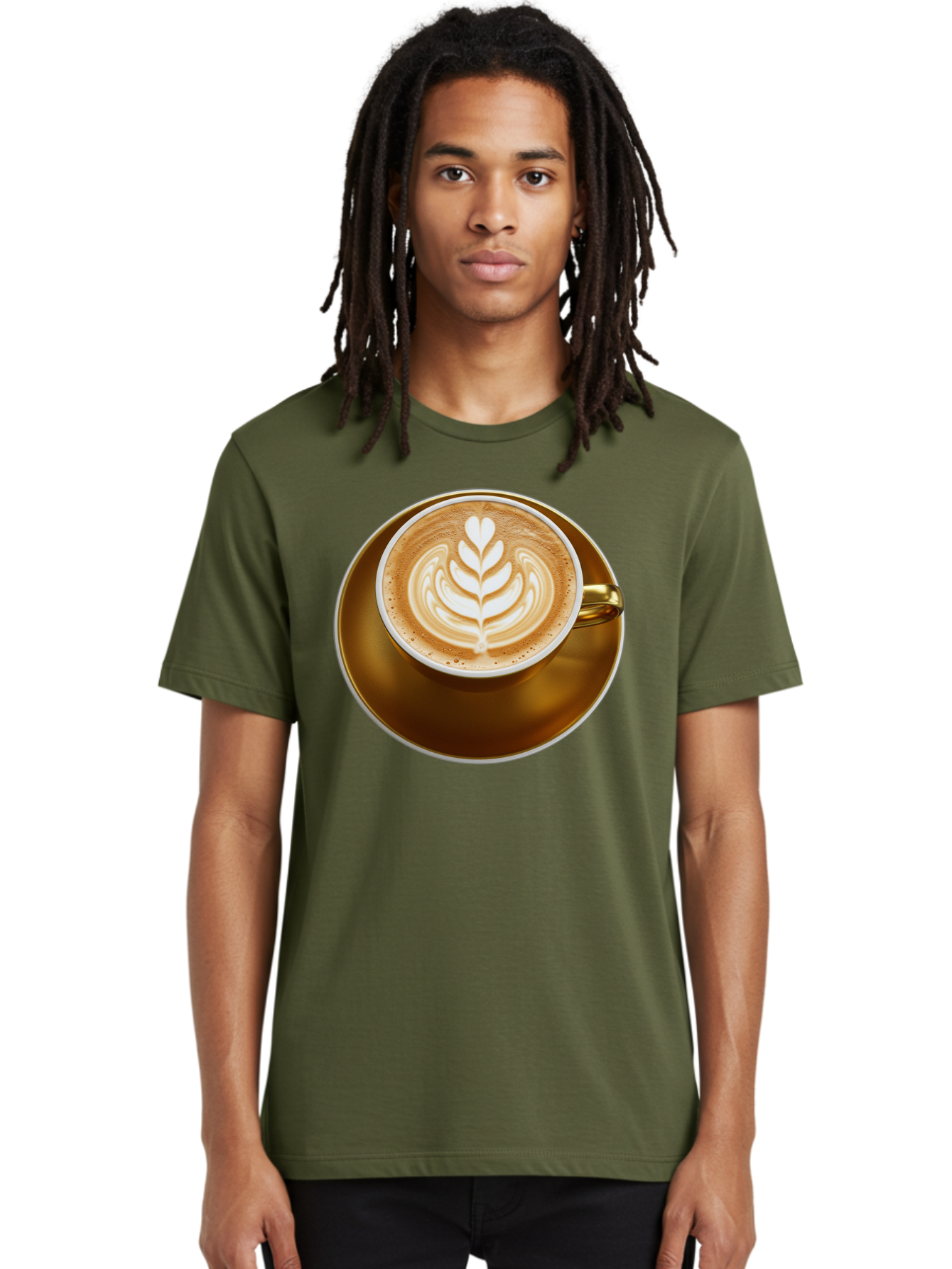 Cappuccino-Coffee Men'S Graphic Tee, 100% Cotton, Comfortable Casual Summer Wear, Machine Washable, Latte Art, Coffee Design, Leaf Pattern, Heart Shape, Coffee Cup, Saucer, Coffee Culture, Specialty Coffee, Espresso Art, Crema, Coffee Time Baa251 2
