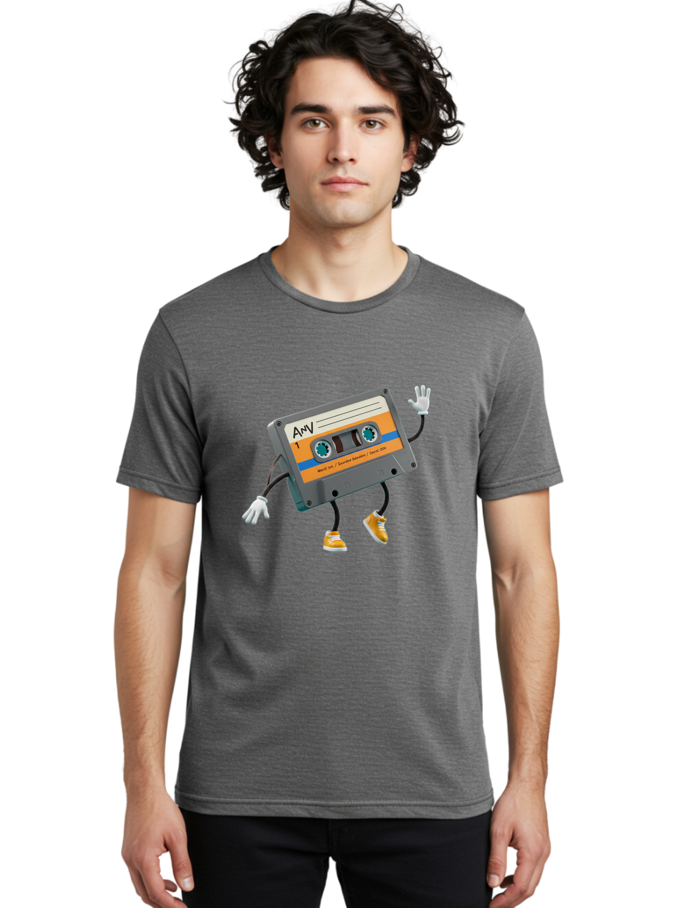 Cassette-Tape-1 Men'S Graphic Tee, 100% Cotton, Comfortable Casual Summer Wear, Machine Washable, Cartoon Cassette Tape, Anthropomorphic Character, Retro Music, Orange Sneakers, Waving Gesture, Fun Design, Nostalgic Vibe, Playful Illustration, Baa259 16