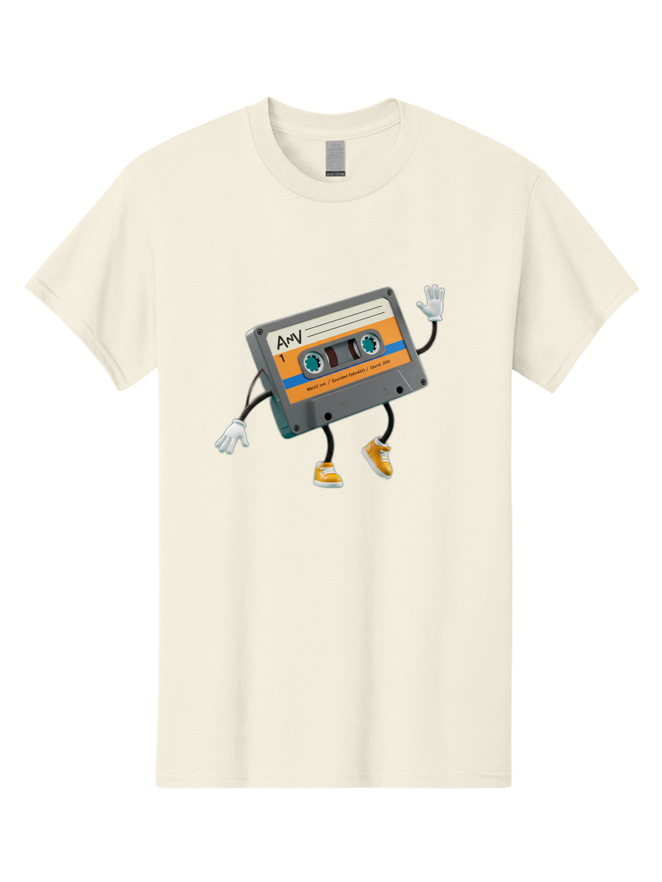 Cassette-Tape-1 Men'S Graphic Tee, 100% Cotton, Comfortable Casual Summer Wear, Machine Washable, Cartoon Cassette Tape, Anthropomorphic Character, Retro Music, Orange Sneakers, Waving Gesture, Fun Design, Nostalgic Vibe, Playful Illustration, Baa259 27