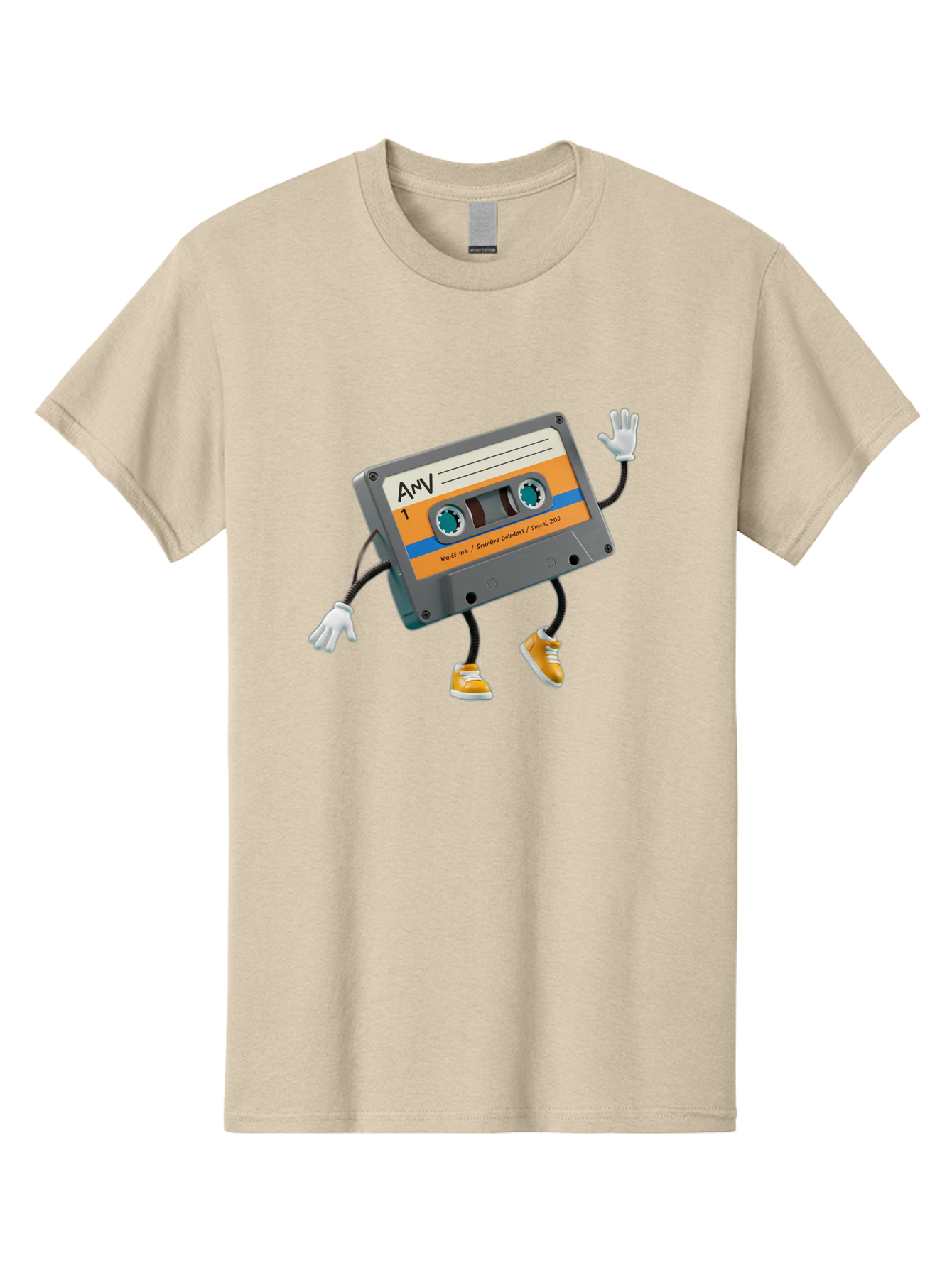 Cassette-Tape-1 Men'S Graphic Tee, 100% Cotton, Comfortable Casual Summer Wear, Machine Washable, Cartoon Cassette Tape, Anthropomorphic Character, Retro Music, Orange Sneakers, Waving Gesture, Fun Design, Nostalgic Vibe, Playful Illustration, Baa259 11