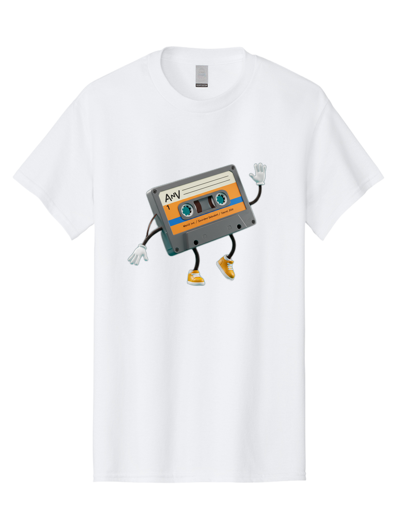 Cassette-Tape-1 Men'S Graphic Tee, 100% Cotton, Comfortable Casual Summer Wear, Machine Washable, Cartoon Cassette Tape, Anthropomorphic Character, Retro Music, Orange Sneakers, Waving Gesture, Fun Design, Nostalgic Vibe, Playful Illustration, Baa259 3