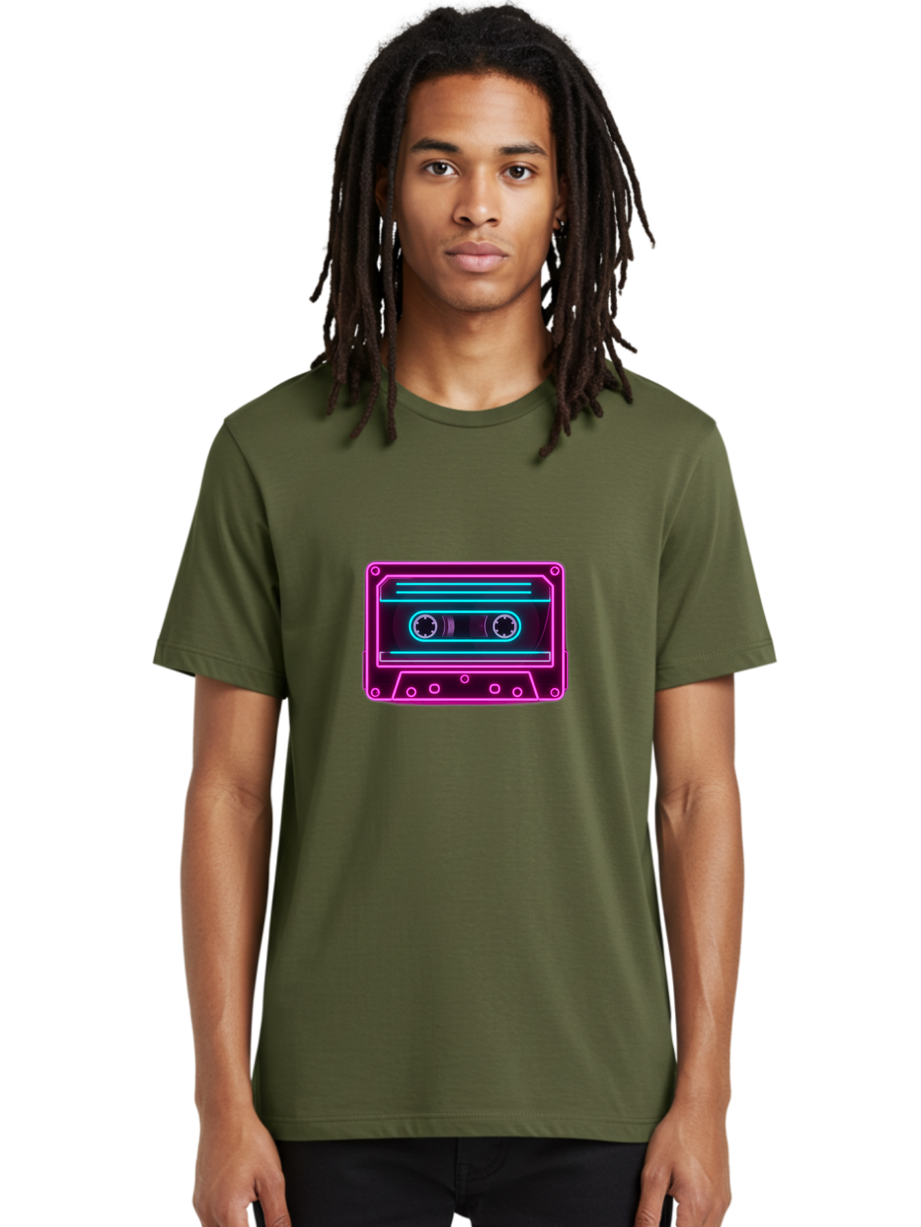 Cassette-Tape-2 Men'S Graphic Tee, 100% Cotton, Comfortable Casual Summer Wear, Machine Washable, Retro Cassette Tape, Neon Lights, Colorful, Nostalgic Music, 80S And 90S Vibe, Music Technology, Audio Nostalgia, Vintage Electronics, Baa260 2