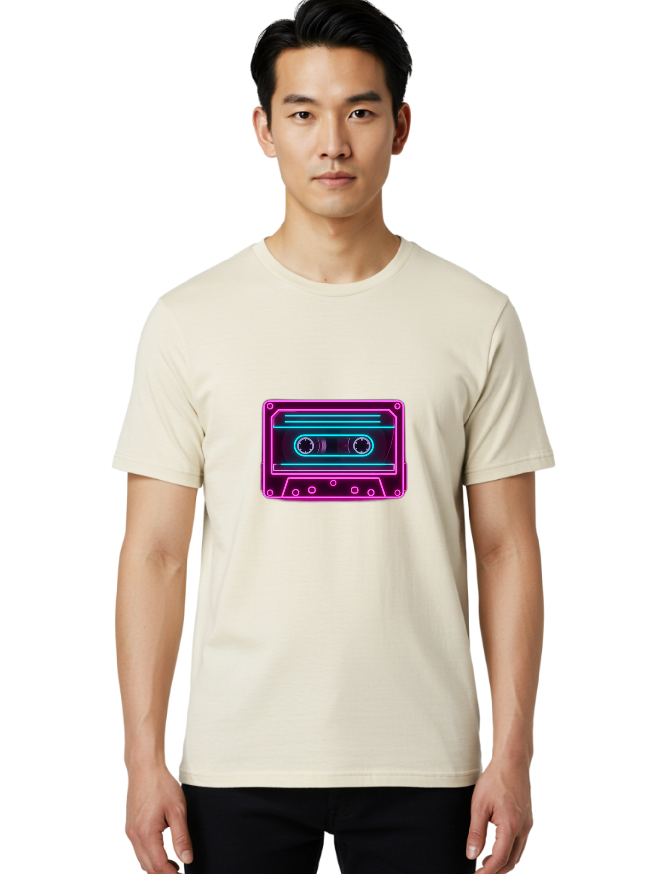 Cassette-Tape-2 Men'S Graphic Tee, 100% Cotton, Comfortable Casual Summer Wear, Machine Washable, Retro Cassette Tape, Neon Lights, Colorful, Nostalgic Music, 80S And 90S Vibe, Music Technology, Audio Nostalgia, Vintage Electronics, Baa260 20