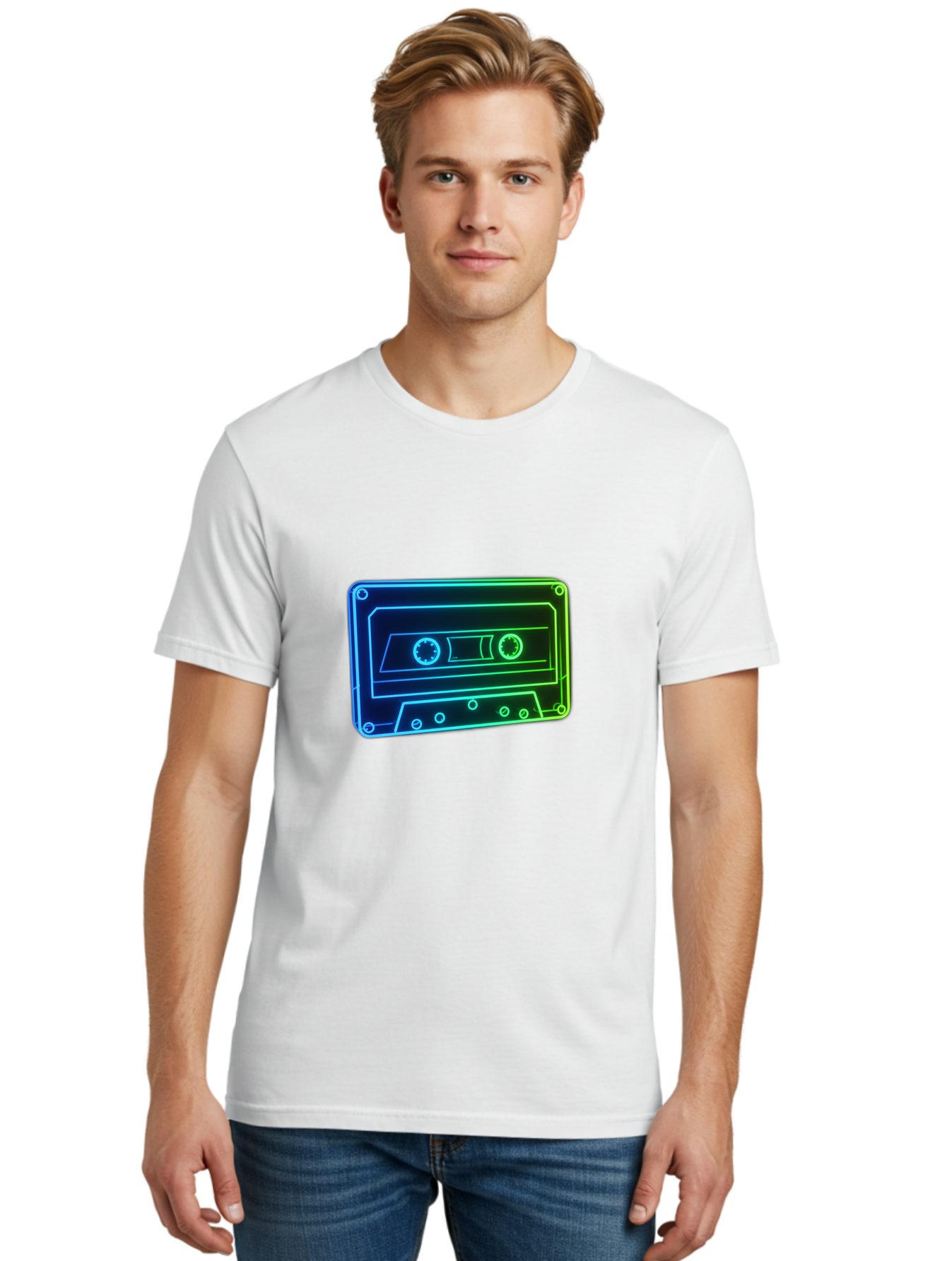 Cassette-Tape-5 Men'S Graphic Tee, 100% Cotton, Comfortable Casual Summer Wear, Machine Washable, Retro Cassette Tape, Vintage Music Format, Nostalgic Design, Neon Outline, Blue Glow, Music Nostalgia, Retro Technology, 80S Memorabilia, Baa263 28