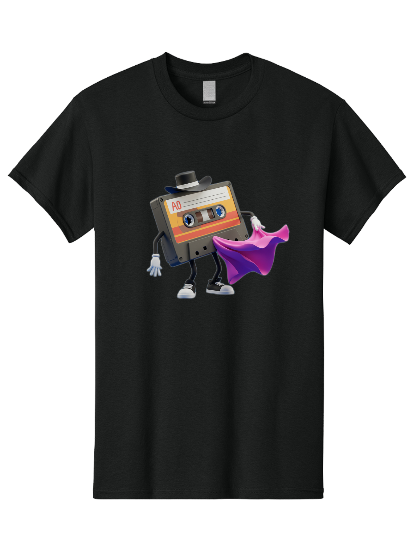 Cassette-Tape-A0 Men'S Graphic Tee, 100% Cotton, Comfortable Casual Summer Wear, Machine Washable, Cassette Tape Character, Retro Music, Vintage Style, A0 Label, Fancy Hat, Cape, Cool Pose, Nostalgic Charm, Funky Vibe Baa272 3