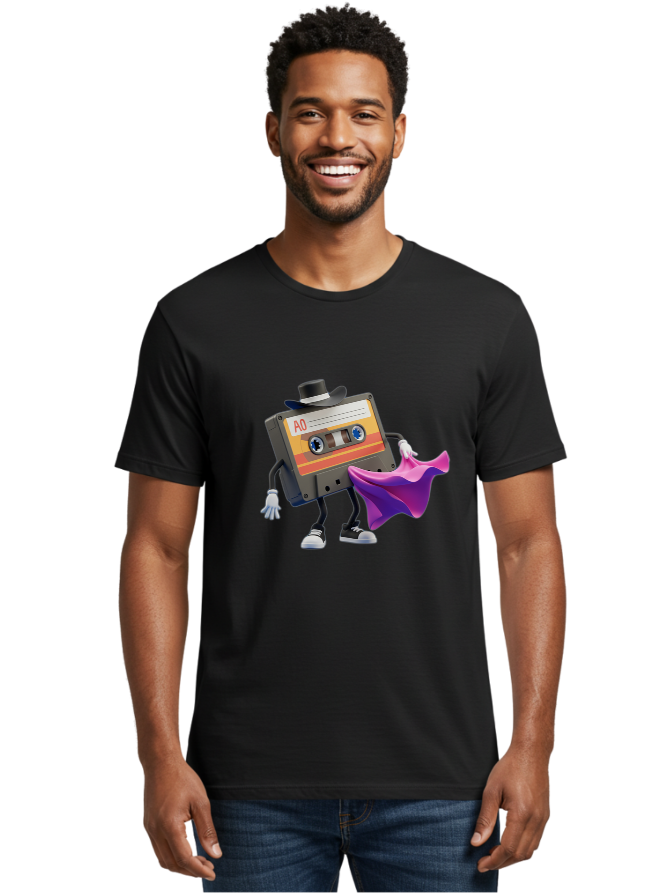 Cassette-Tape-A0 Men'S Graphic Tee, 100% Cotton, Comfortable Casual Summer Wear, Machine Washable, Cassette Tape Character, Retro Music, Vintage Style, A0 Label, Fancy Hat, Cape, Cool Pose, Nostalgic Charm, Funky Vibe Baa272 4