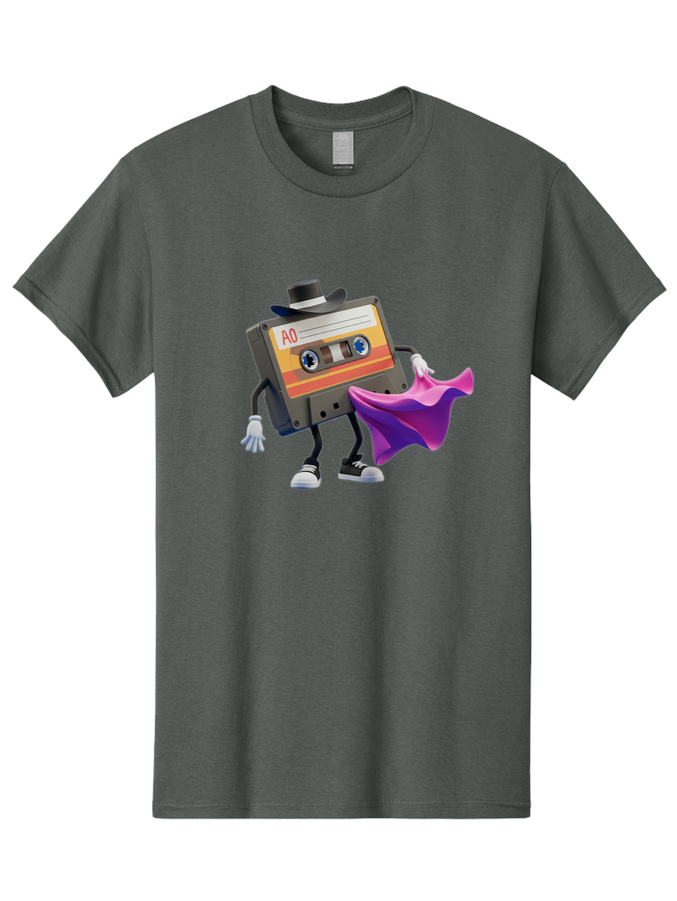 Cassette-Tape-A0 Men'S Graphic Tee, 100% Cotton, Comfortable Casual Summer Wear, Machine Washable, Cassette Tape Character, Retro Music, Vintage Style, A0 Label, Fancy Hat, Cape, Cool Pose, Nostalgic Charm, Funky Vibe Baa272 5