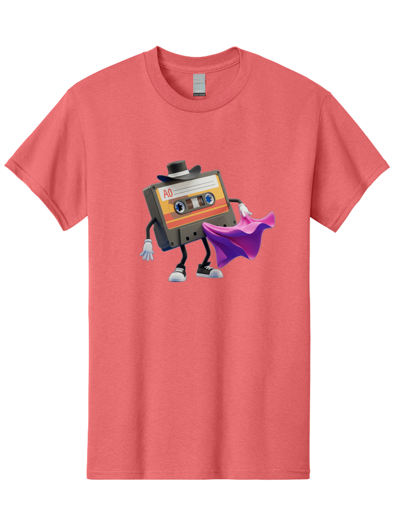 Cassette-Tape-A0 Men'S Graphic Tee, 100% Cotton, Comfortable Casual Summer Wear, Machine Washable, Cassette Tape Character, Retro Music, Vintage Style, A0 Label, Fancy Hat, Cape, Cool Pose, Nostalgic Charm, Funky Vibe Baa272 7