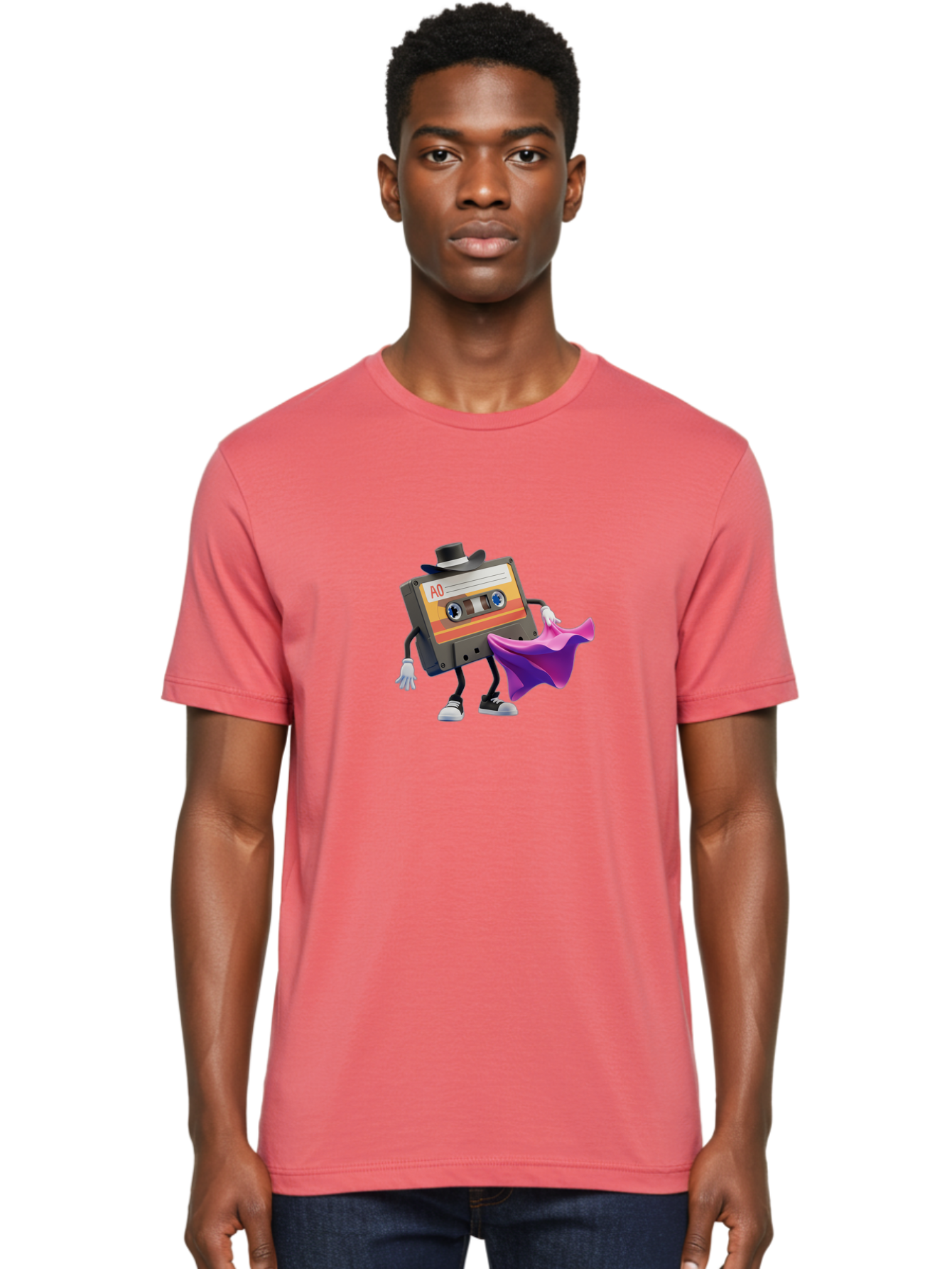 Cassette-Tape-A0 Men'S Graphic Tee, 100% Cotton, Comfortable Casual Summer Wear, Machine Washable, Cassette Tape Character, Retro Music, Vintage Style, A0 Label, Fancy Hat, Cape, Cool Pose, Nostalgic Charm, Funky Vibe Baa272 8