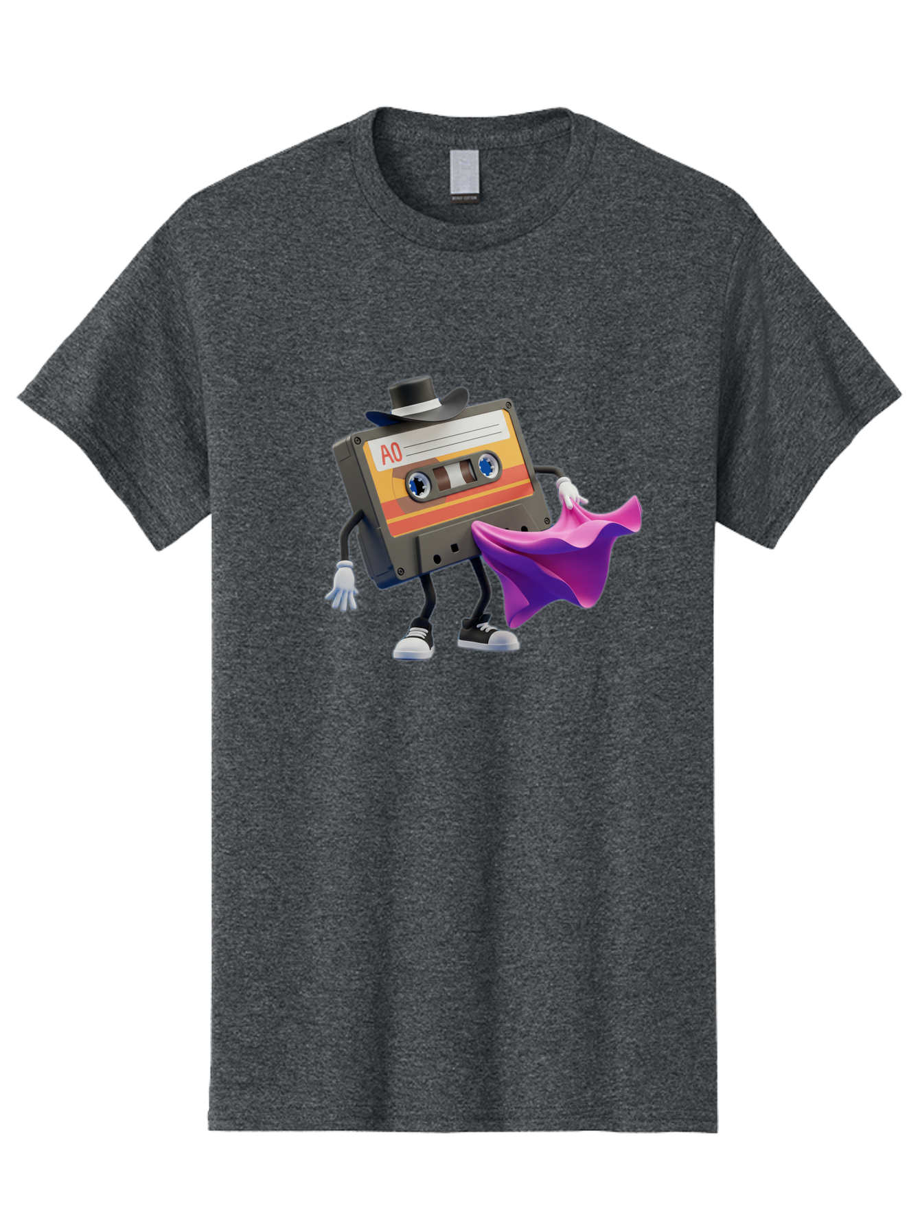 Cassette-Tape-A0 Men'S Graphic Tee, 100% Cotton, Comfortable Casual Summer Wear, Machine Washable, Cassette Tape Character, Retro Music, Vintage Style, A0 Label, Fancy Hat, Cape, Cool Pose, Nostalgic Charm, Funky Vibe Baa272 27