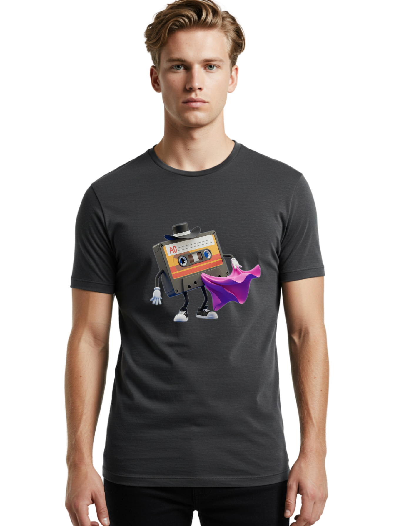 Cassette-Tape-A0 Men'S Graphic Tee, 100% Cotton, Comfortable Casual Summer Wear, Machine Washable, Cassette Tape Character, Retro Music, Vintage Style, A0 Label, Fancy Hat, Cape, Cool Pose, Nostalgic Charm, Funky Vibe Baa272 28