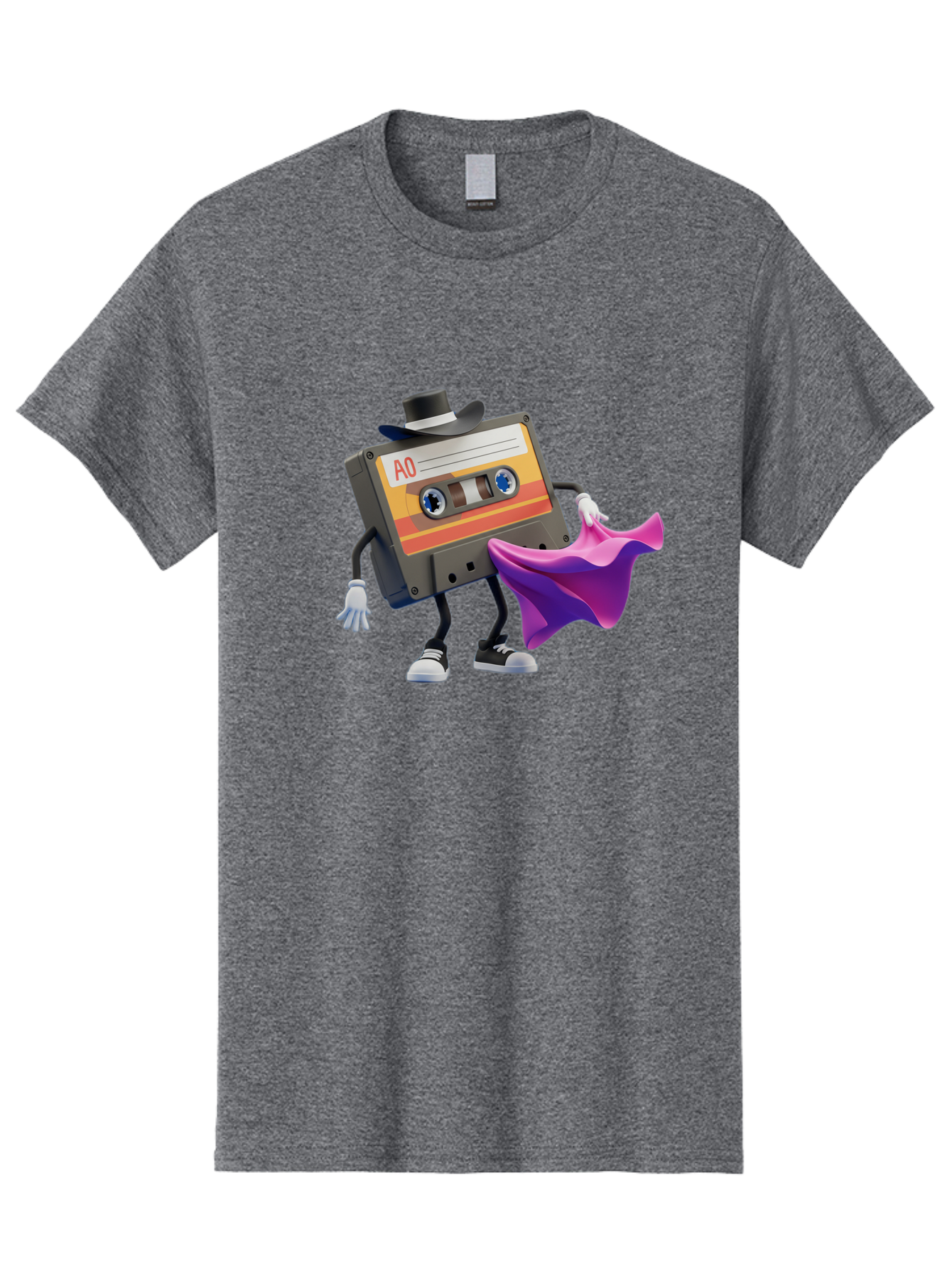 Cassette-Tape-A0 Men'S Graphic Tee, 100% Cotton, Comfortable Casual Summer Wear, Machine Washable, Cassette Tape Character, Retro Music, Vintage Style, A0 Label, Fancy Hat, Cape, Cool Pose, Nostalgic Charm, Funky Vibe Baa272 25