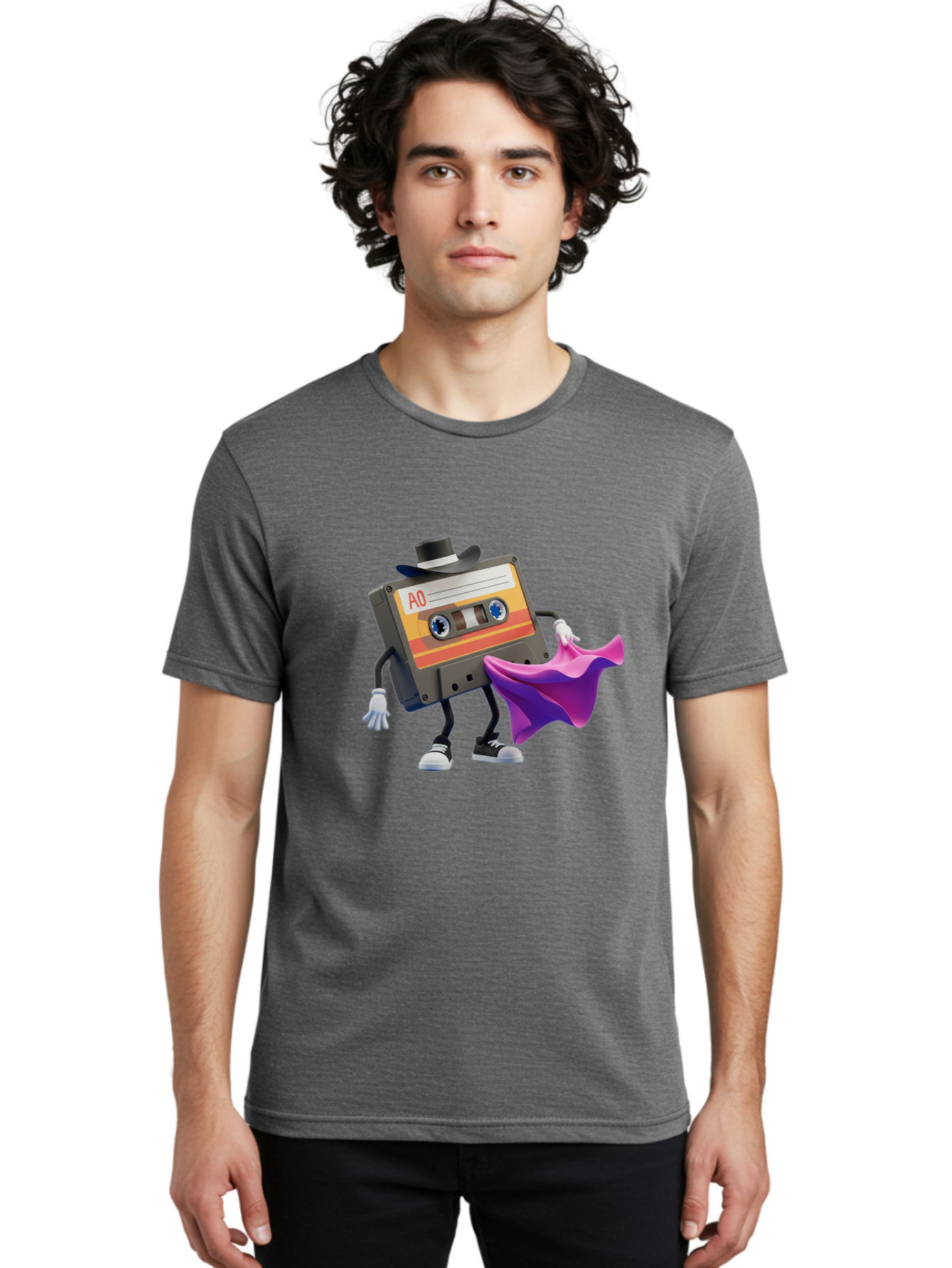 Cassette-Tape-A0 Men'S Graphic Tee, 100% Cotton, Comfortable Casual Summer Wear, Machine Washable, Cassette Tape Character, Retro Music, Vintage Style, A0 Label, Fancy Hat, Cape, Cool Pose, Nostalgic Charm, Funky Vibe Baa272 26