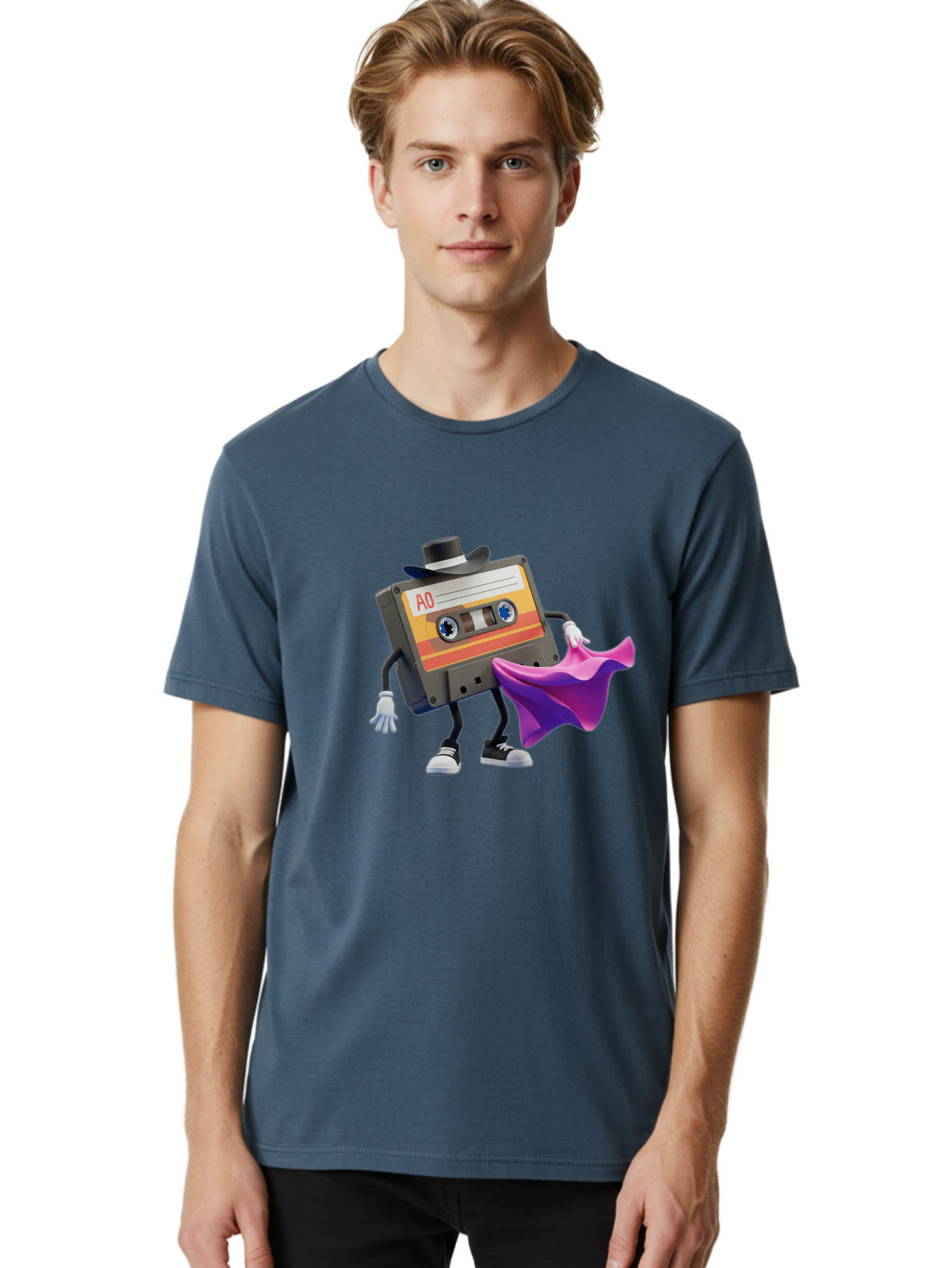 Cassette-Tape-A0 Men'S Graphic Tee, 100% Cotton, Comfortable Casual Summer Wear, Machine Washable, Cassette Tape Character, Retro Music, Vintage Style, A0 Label, Fancy Hat, Cape, Cool Pose, Nostalgic Charm, Funky Vibe Baa272 10
