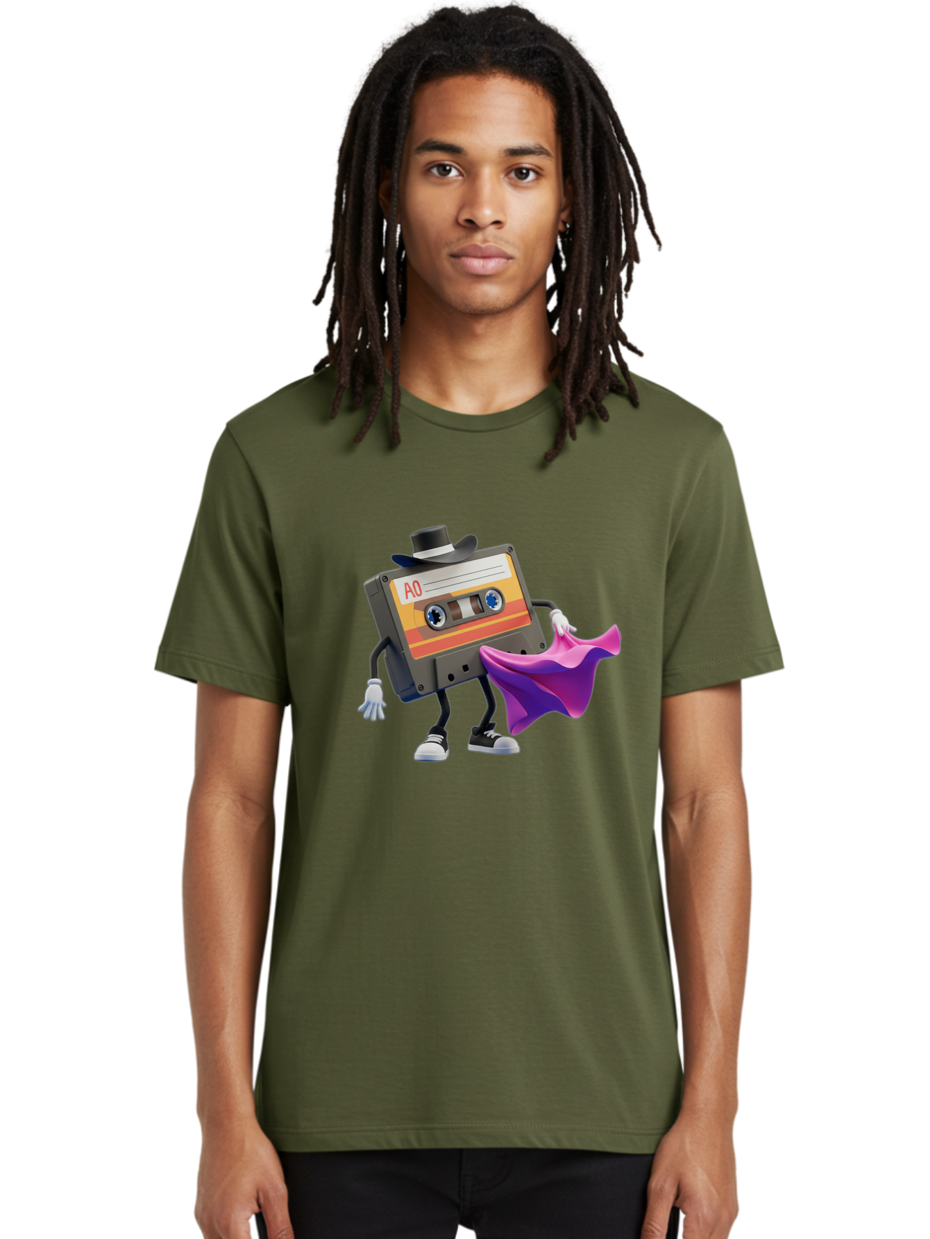 Cassette-Tape-A0 Men'S Graphic Tee, 100% Cotton, Comfortable Casual Summer Wear, Machine Washable, Cassette Tape Character, Retro Music, Vintage Style, A0 Label, Fancy Hat, Cape, Cool Pose, Nostalgic Charm, Funky Vibe Baa272 24