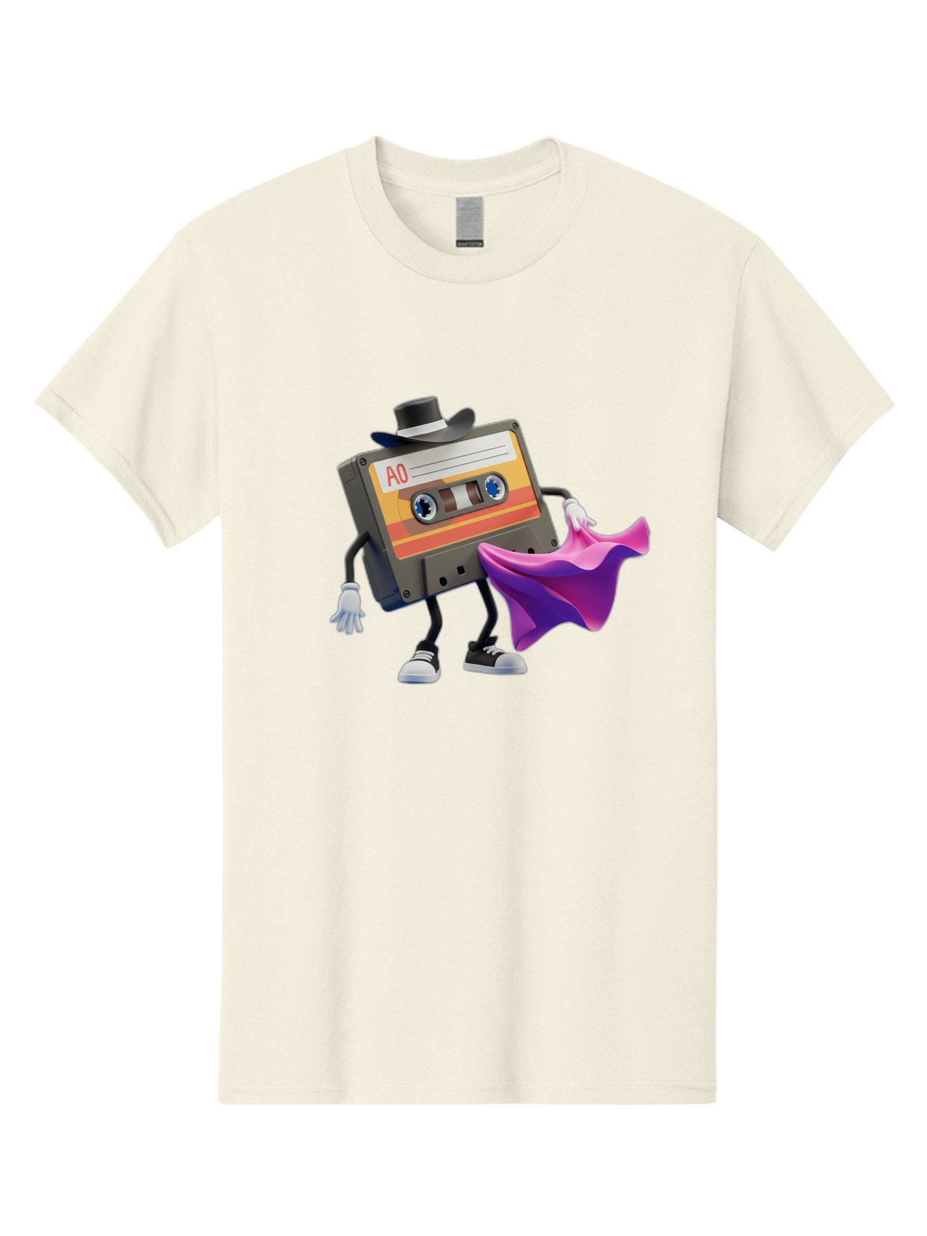 Cassette-Tape-A0 Men'S Graphic Tee, 100% Cotton, Comfortable Casual Summer Wear, Machine Washable, Cassette Tape Character, Retro Music, Vintage Style, A0 Label, Fancy Hat, Cape, Cool Pose, Nostalgic Charm, Funky Vibe Baa272 21