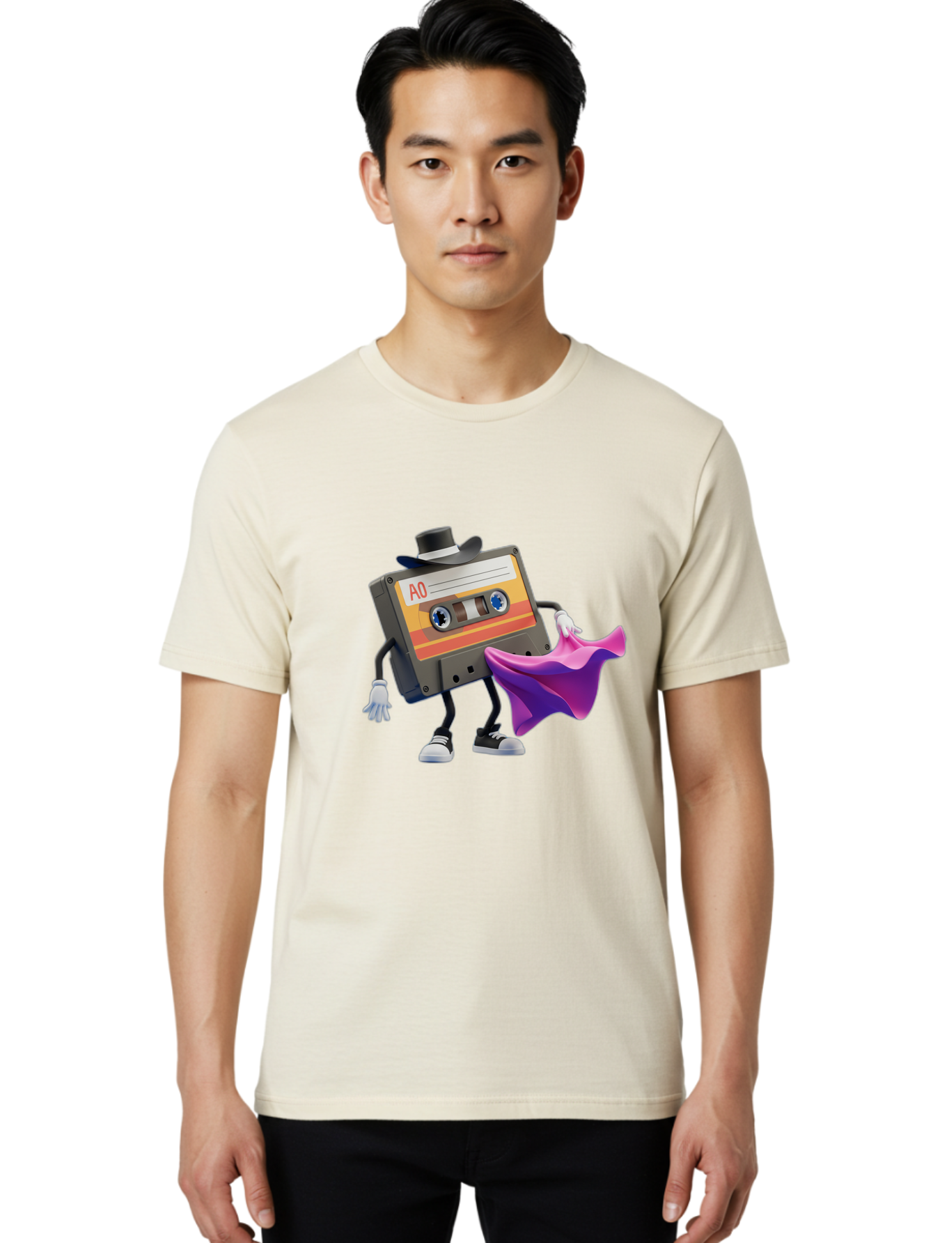 Cassette-Tape-A0 Men'S Graphic Tee, 100% Cotton, Comfortable Casual Summer Wear, Machine Washable, Cassette Tape Character, Retro Music, Vintage Style, A0 Label, Fancy Hat, Cape, Cool Pose, Nostalgic Charm, Funky Vibe Baa272 22