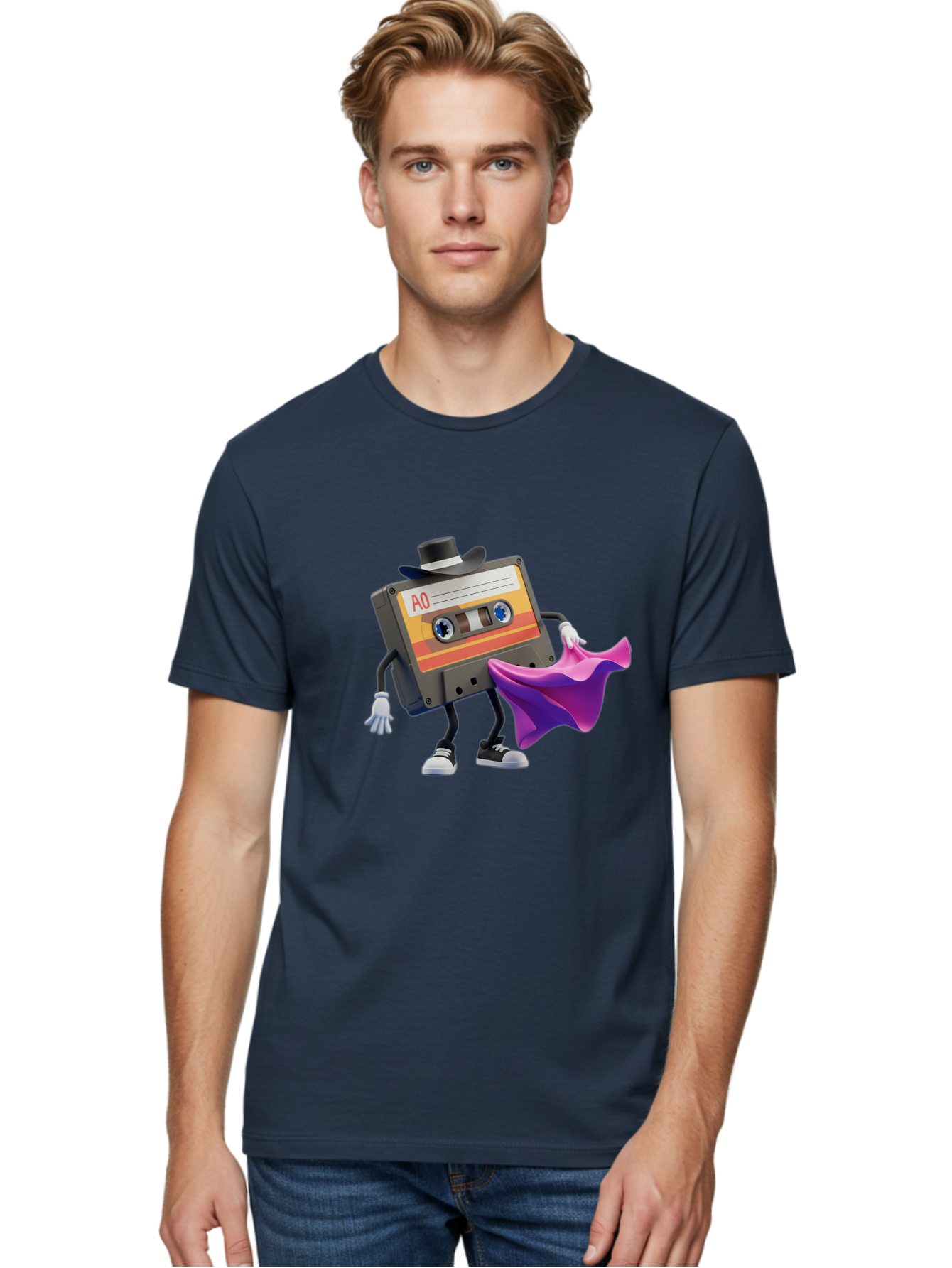 Cassette-Tape-A0 Men'S Graphic Tee, 100% Cotton, Comfortable Casual Summer Wear, Machine Washable, Cassette Tape Character, Retro Music, Vintage Style, A0 Label, Fancy Hat, Cape, Cool Pose, Nostalgic Charm, Funky Vibe Baa272 20