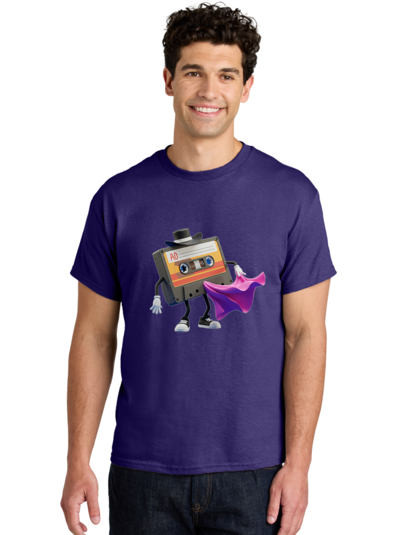 Cassette-Tape-A0 Men'S Graphic Tee, 100% Cotton, Comfortable Casual Summer Wear, Machine Washable, Cassette Tape Character, Retro Music, Vintage Style, A0 Label, Fancy Hat, Cape, Cool Pose, Nostalgic Charm, Funky Vibe Baa272 30