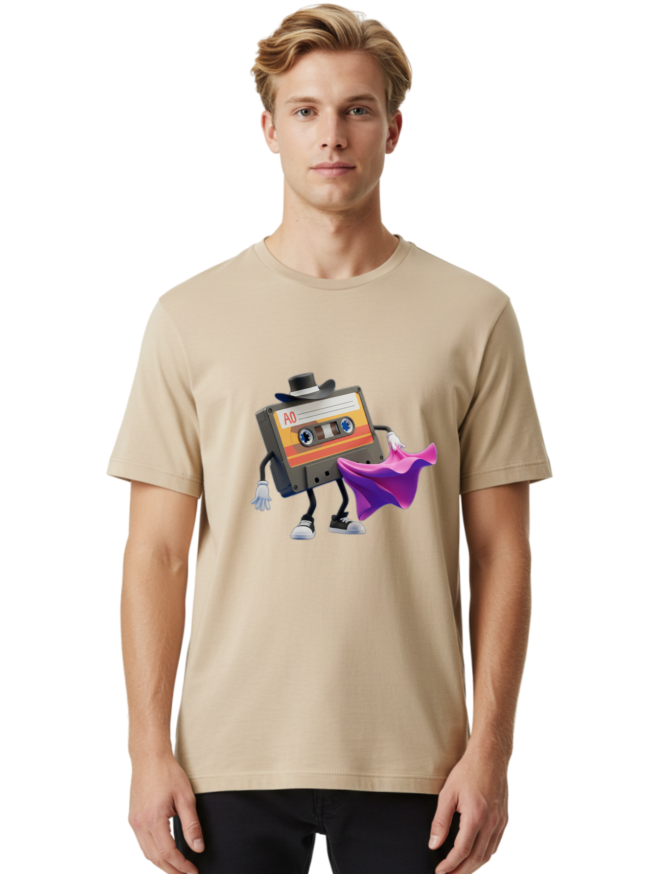 Cassette-Tape-A0 Men'S Graphic Tee, 100% Cotton, Comfortable Casual Summer Wear, Machine Washable, Cassette Tape Character, Retro Music, Vintage Style, A0 Label, Fancy Hat, Cape, Cool Pose, Nostalgic Charm, Funky Vibe Baa272 14