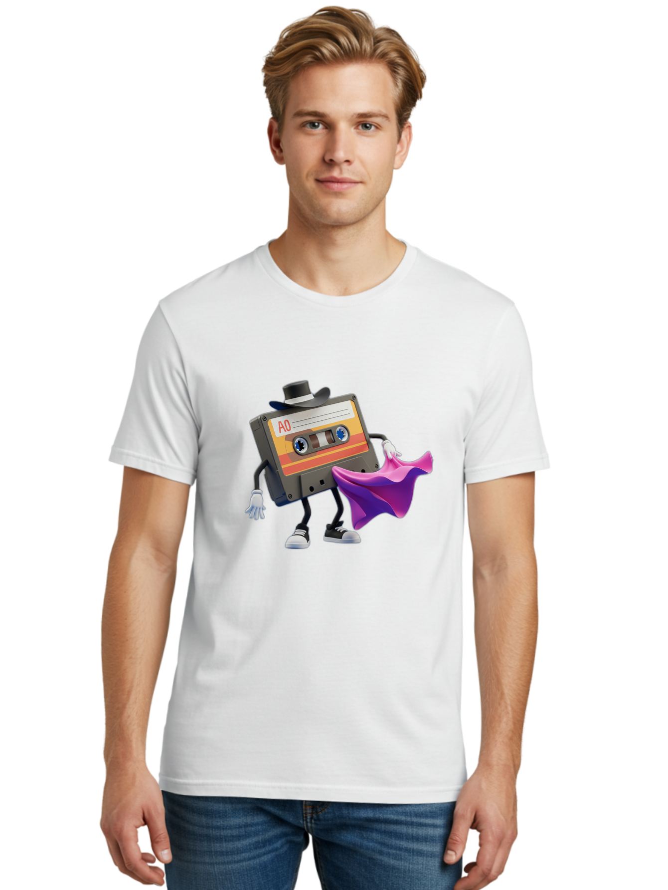 Cassette-Tape-A0 Men'S Graphic Tee, 100% Cotton, Comfortable Casual Summer Wear, Machine Washable, Cassette Tape Character, Retro Music, Vintage Style, A0 Label, Fancy Hat, Cape, Cool Pose, Nostalgic Charm, Funky Vibe Baa272 16