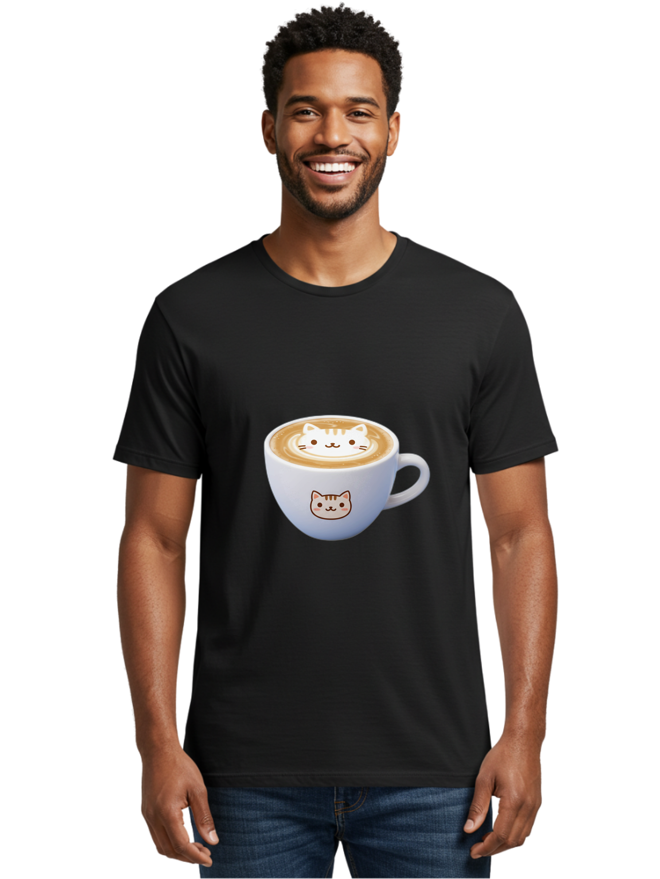 Cat-Coffee Men'S Graphic Tee, 100% Cotton, Comfortable Casual Summer Wear, Machine Washable, Cat Face Latte Art, Coffee Cup Design, Feline Illustration, Cute Cat Graphics, Coffee Culture, Latte Art, Adorable Cat Face Baa275 8