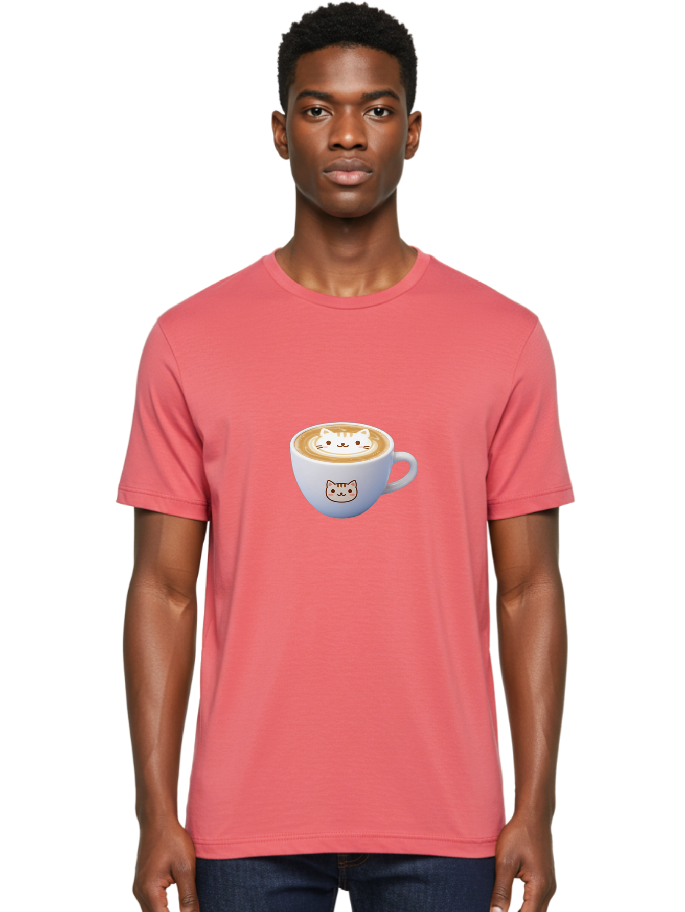 Cat-Coffee Men'S Graphic Tee, 100% Cotton, Comfortable Casual Summer Wear, Machine Washable, Cat Face Latte Art, Coffee Cup Design, Feline Illustration, Cute Cat Graphics, Coffee Culture, Latte Art, Adorable Cat Face Baa275 20