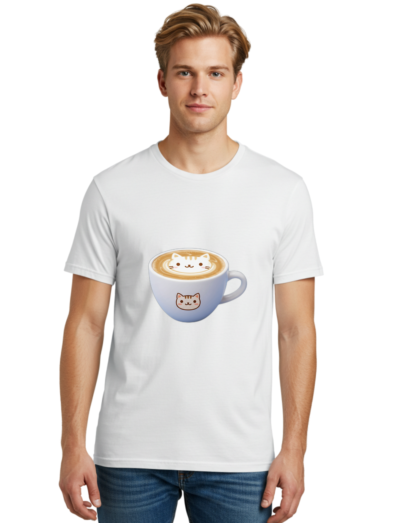 Cat-Coffee Men'S Graphic Tee, 100% Cotton, Comfortable Casual Summer Wear, Machine Washable, Cat Face Latte Art, Coffee Cup Design, Feline Illustration, Cute Cat Graphics, Coffee Culture, Latte Art, Adorable Cat Face Baa275 6