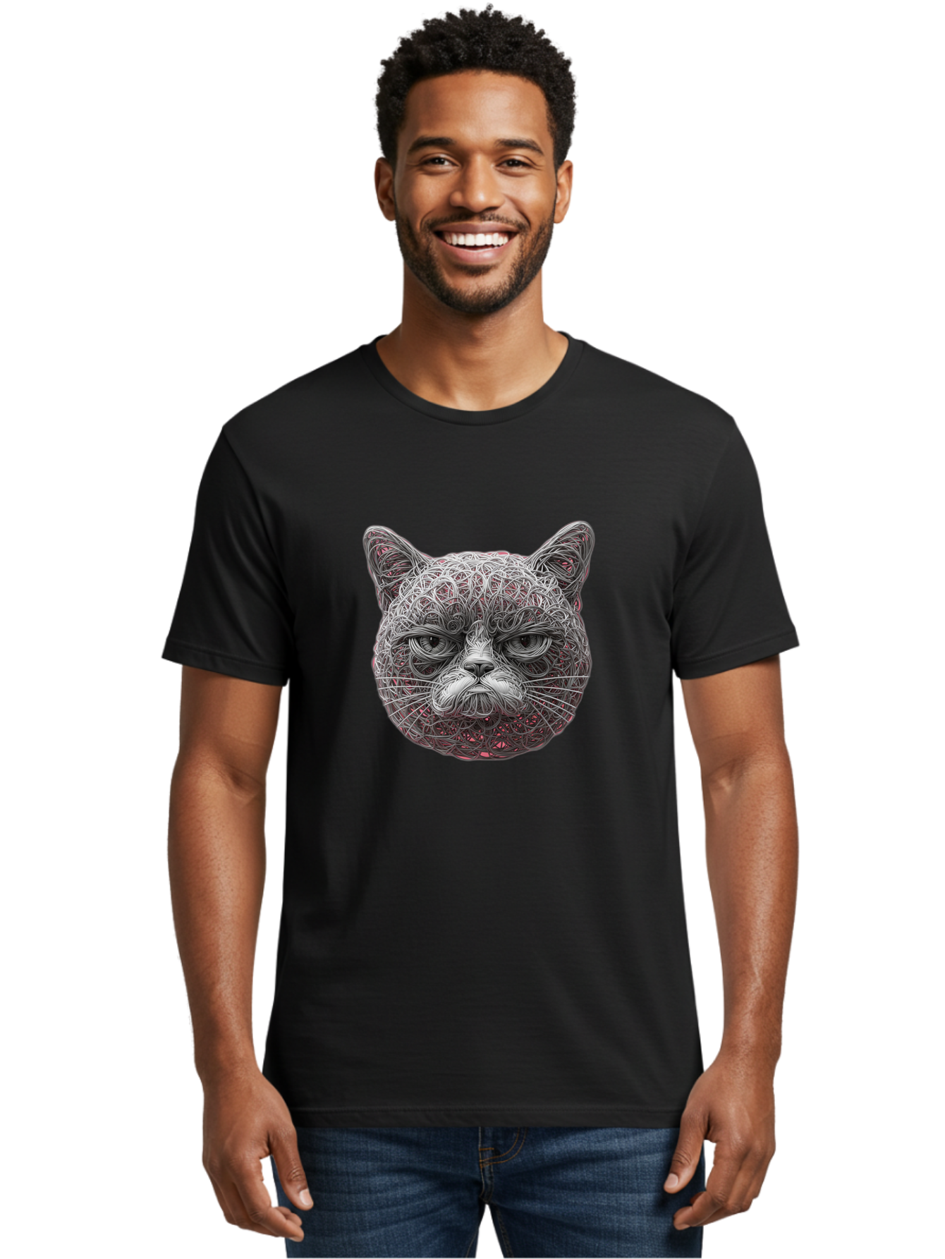 Cat-Face Men'S Graphic Tee, 100% Cotton, Comfortable Casual Summer Wear, Machine Washable, Detailed Cat Face, Intricate Line Art, Whimsical Feline Design, Bold Illustration, Expressive Cat Features, Abstract Cat Portrait, Swirling Patterns, Baa277 24