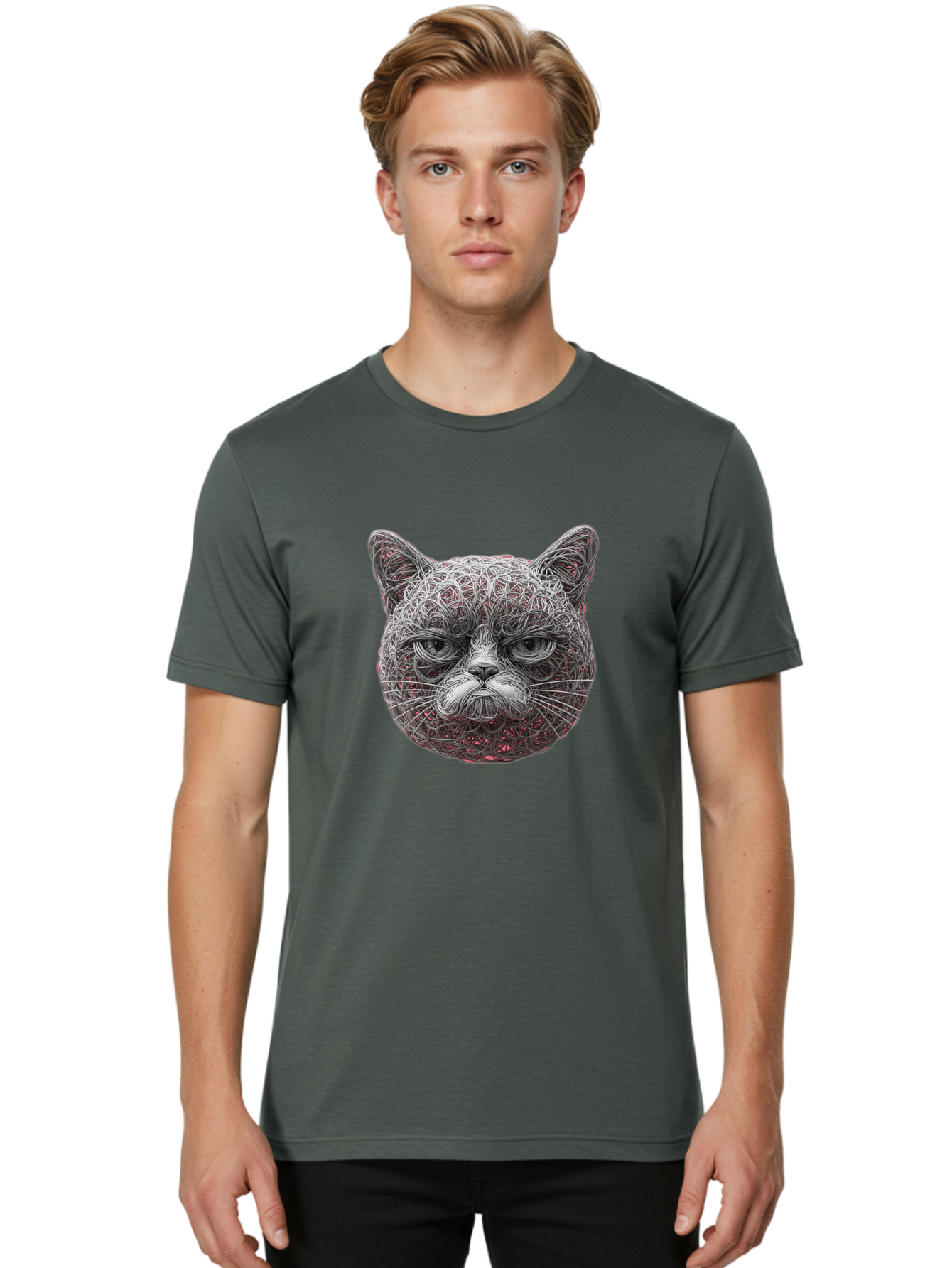 Cat-Face Men'S Graphic Tee, 100% Cotton, Comfortable Casual Summer Wear, Machine Washable, Detailed Cat Face, Intricate Line Art, Whimsical Feline Design, Bold Illustration, Expressive Cat Features, Abstract Cat Portrait, Swirling Patterns, Baa277 4